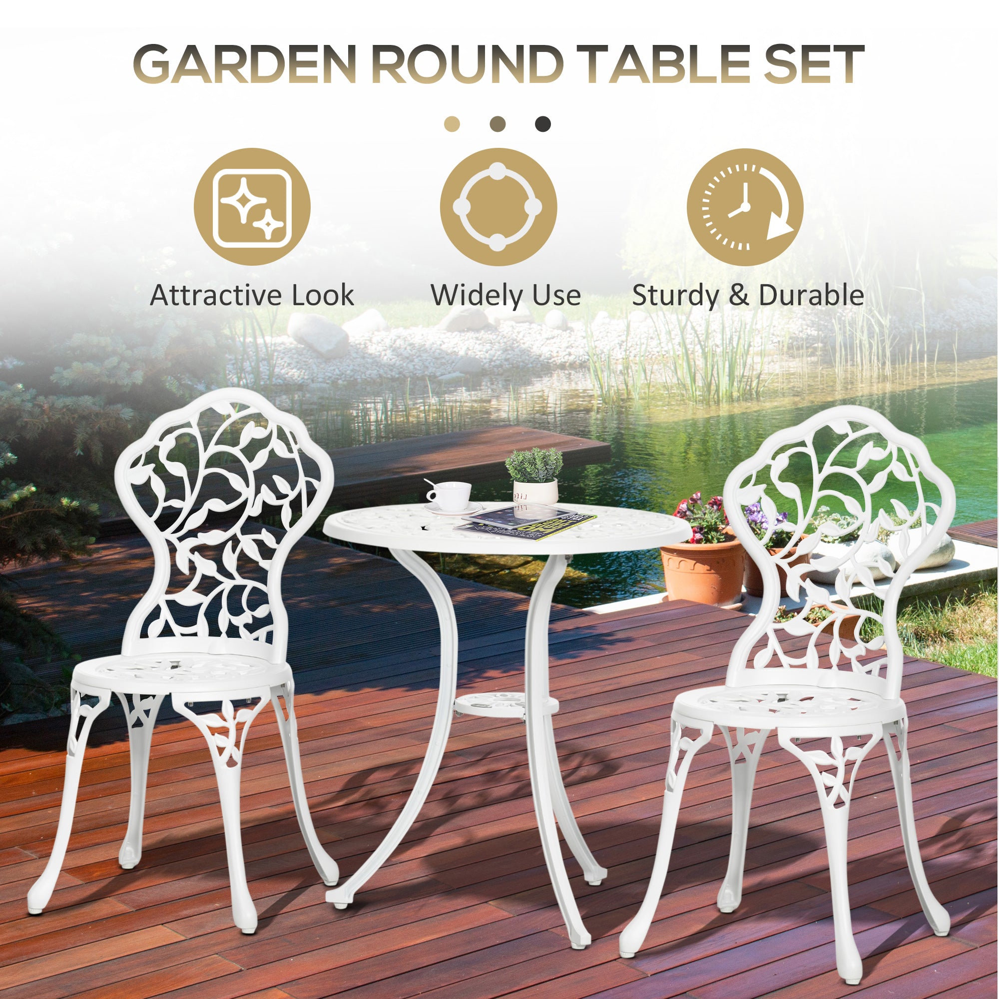 Outsunny 3 Pieces Bistro Set, Patio Table and Chairs with Cast Aluminum Frame for Garden, Balcony, Porch, White