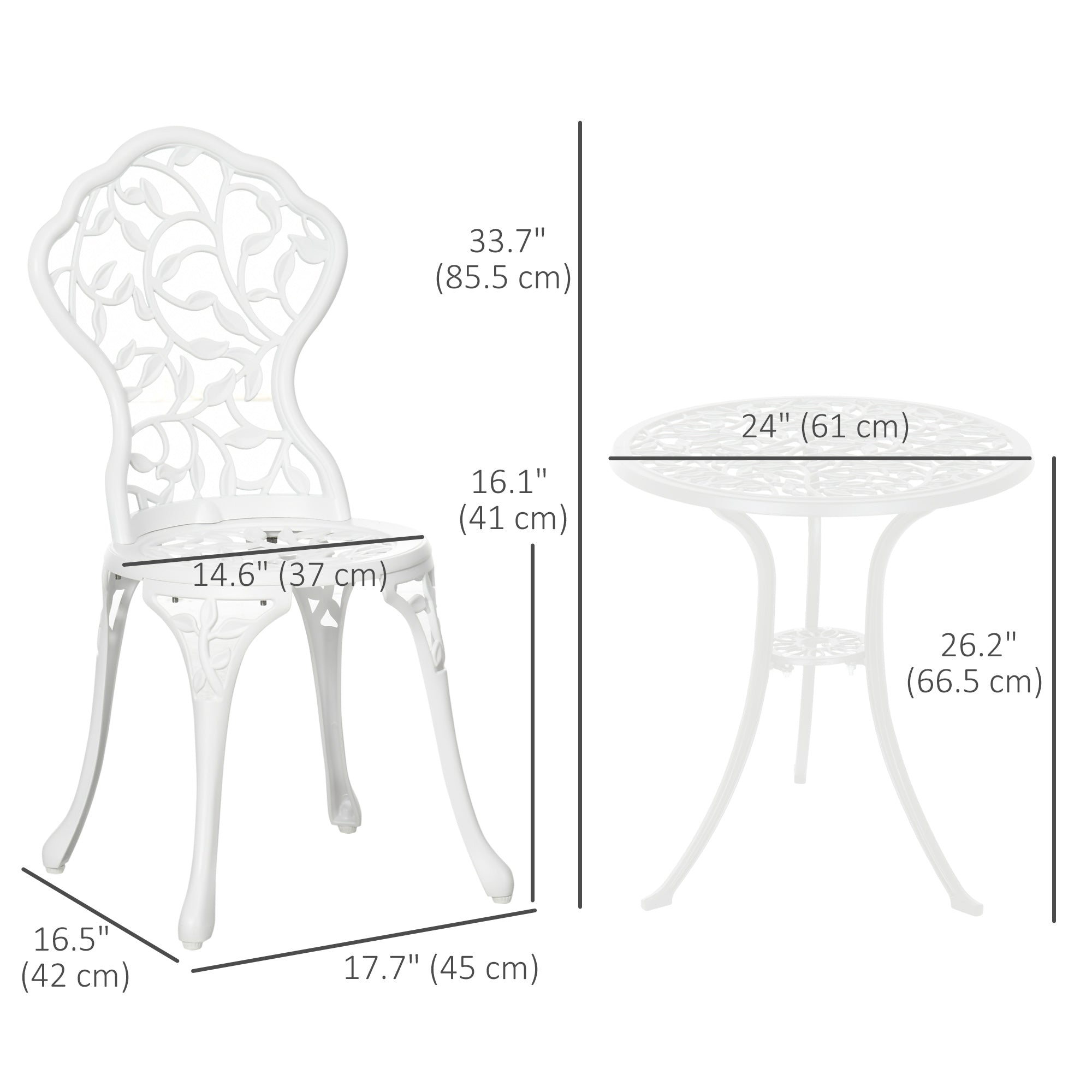 Outsunny 3 Pieces Bistro Set, Patio Table and Chairs with Cast Aluminum Frame for Garden, Balcony, Porch, White