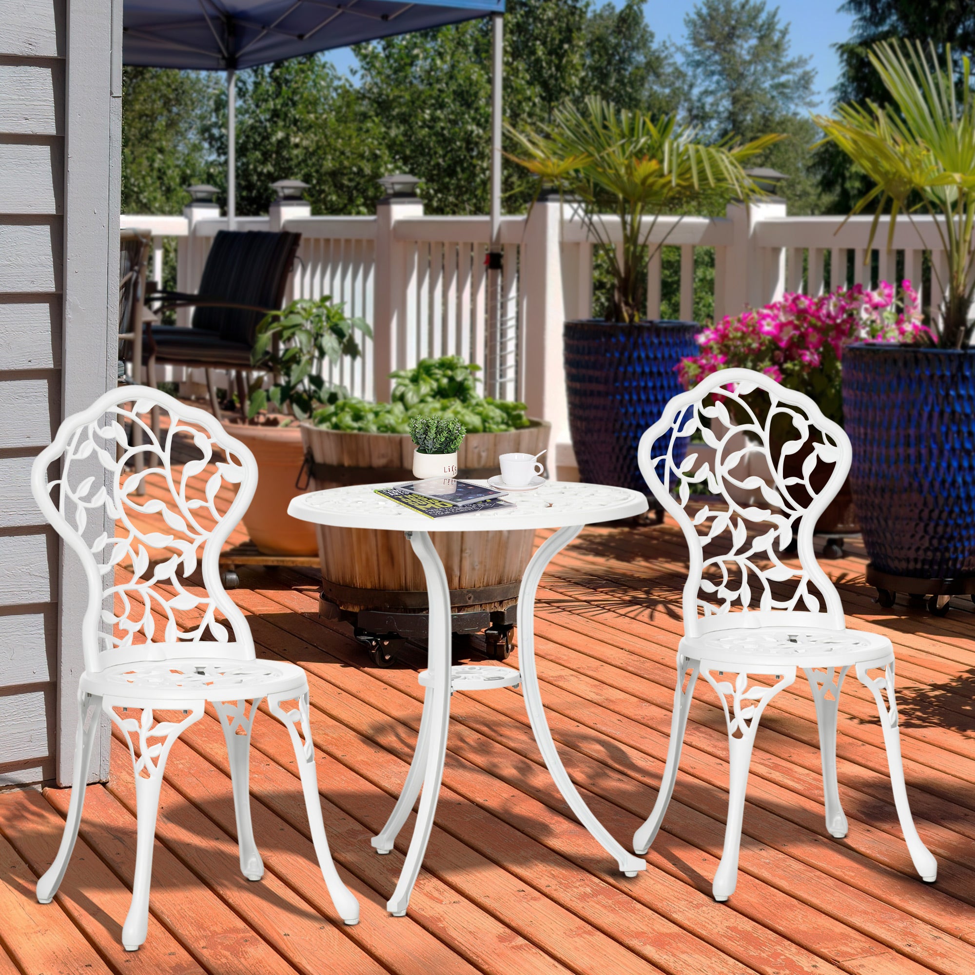 Outsunny 3 Pieces Bistro Set, Patio Table and Chairs with Cast Aluminum Frame for Garden, Balcony, Porch, White