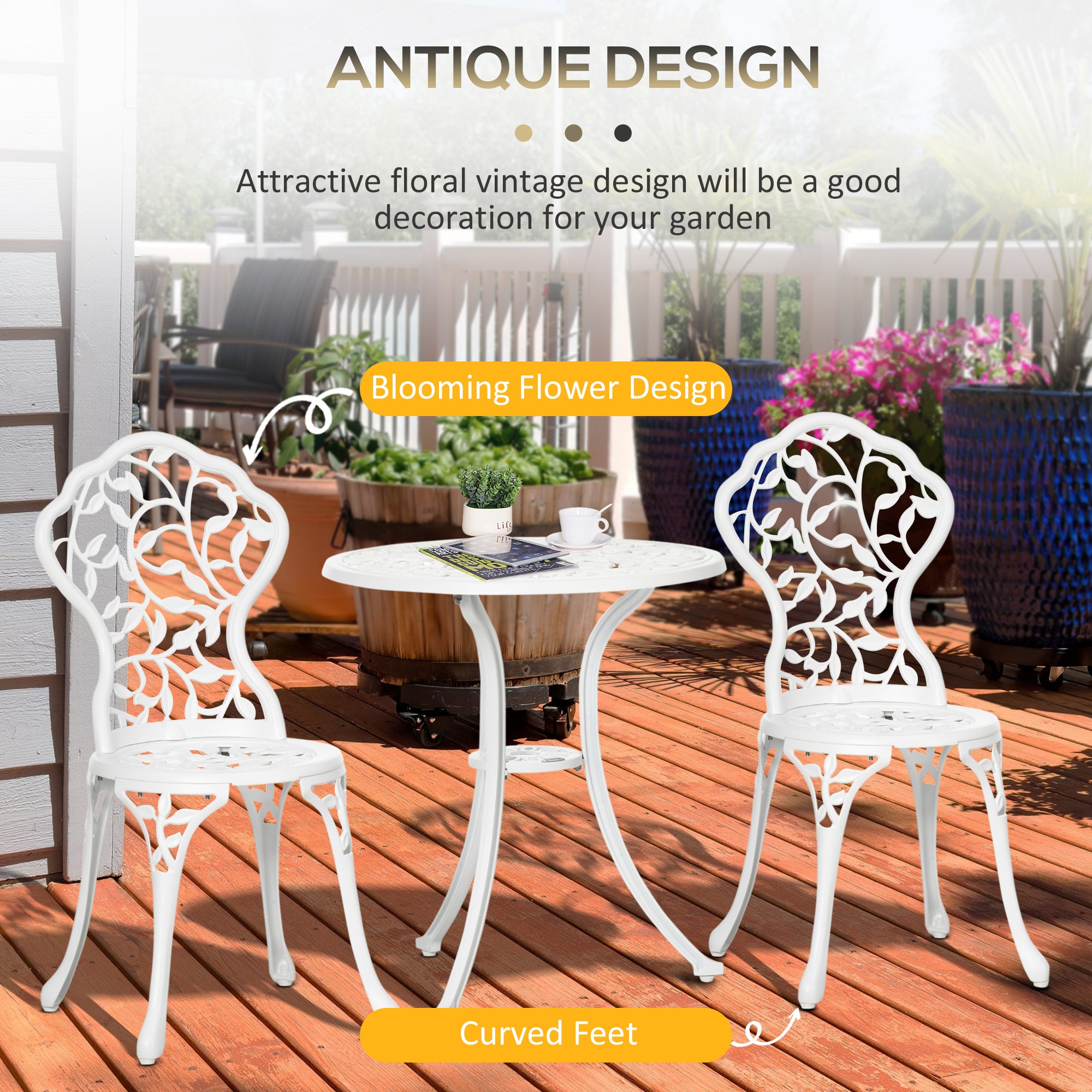 Outsunny 3 Pieces Bistro Set, Patio Table and Chairs with Cast Aluminum Frame for Garden, Balcony, Porch, White