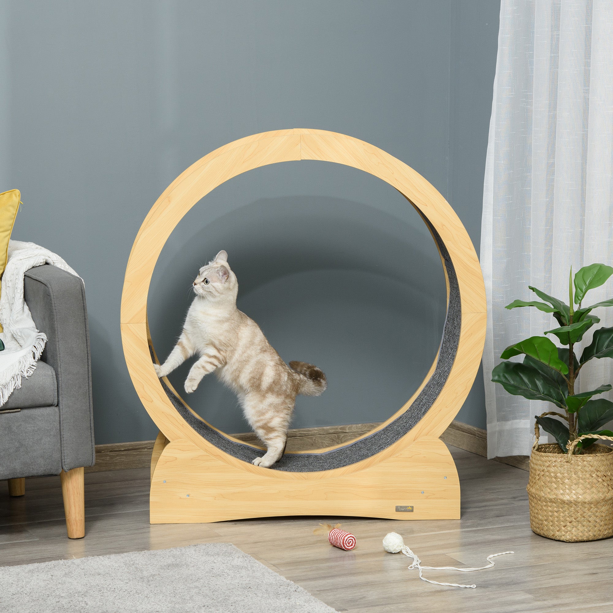 PawHut Cat Treadmill, Cat Exercise Wheel, 30 inch Cat Running Wheel with Brake, Carpeted Runway, for Exercise  - Natural Wood Finish