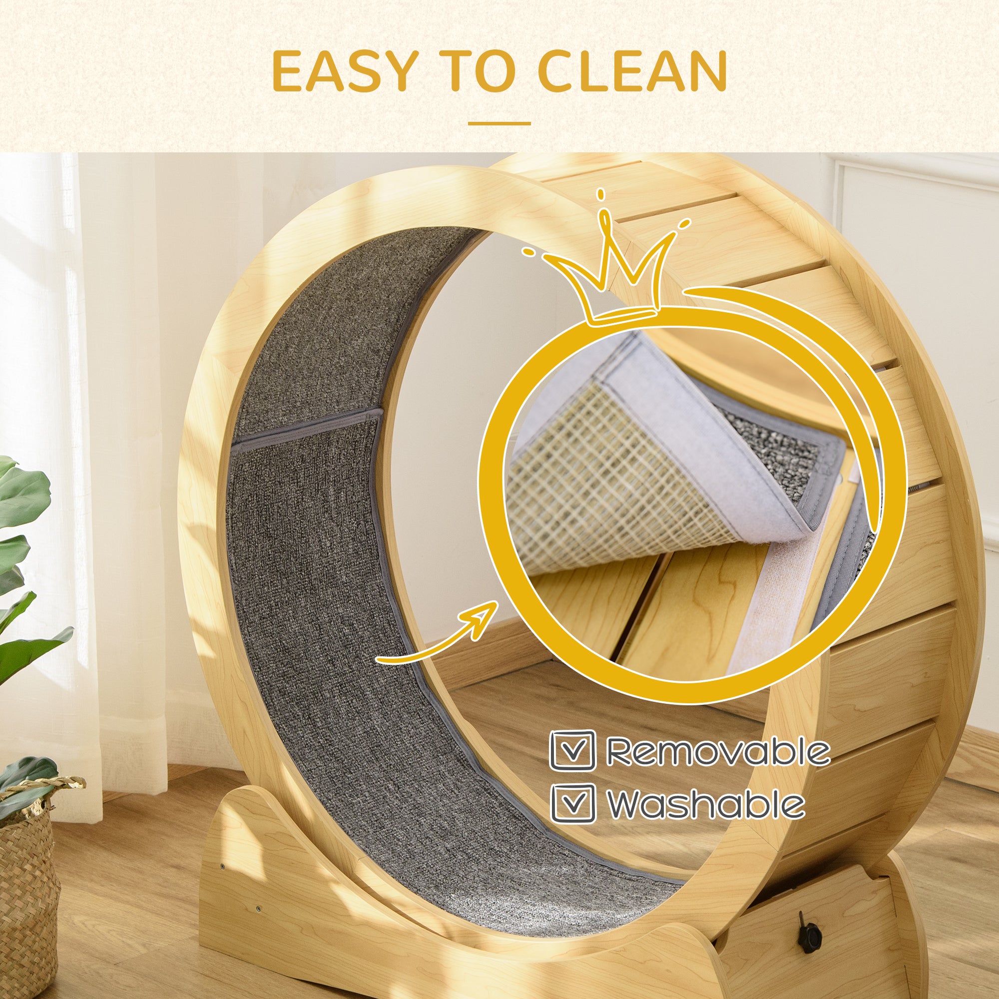 PawHut Cat Treadmill, Cat Exercise Wheel, 30 inch Cat Running Wheel with Brake, Carpeted Runway, for Exercise  - Natural Wood Finish