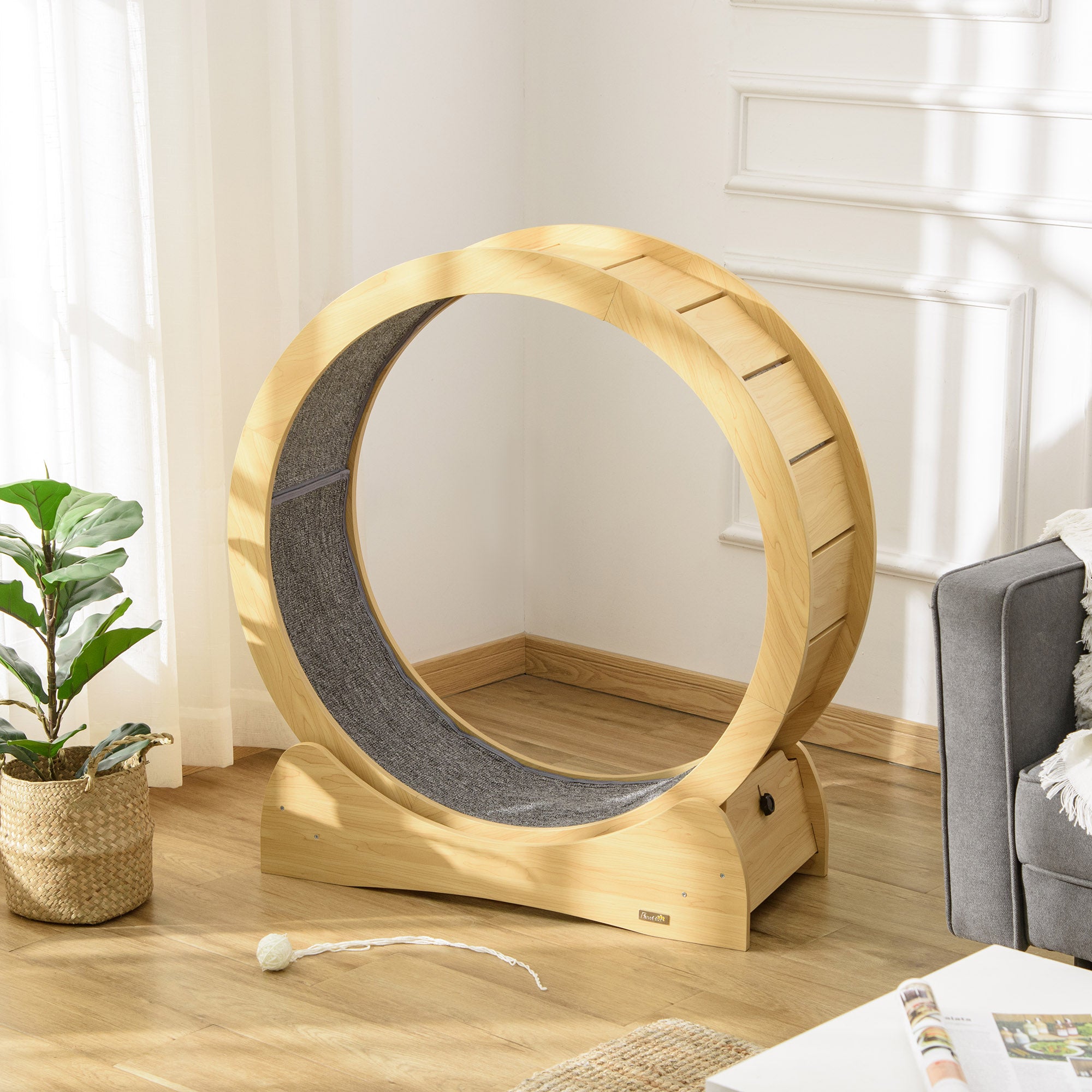 PawHut Cat Treadmill, Cat Exercise Wheel, 30 inch Cat Running Wheel with Brake, Carpeted Runway, for Exercise  - Natural Wood Finish