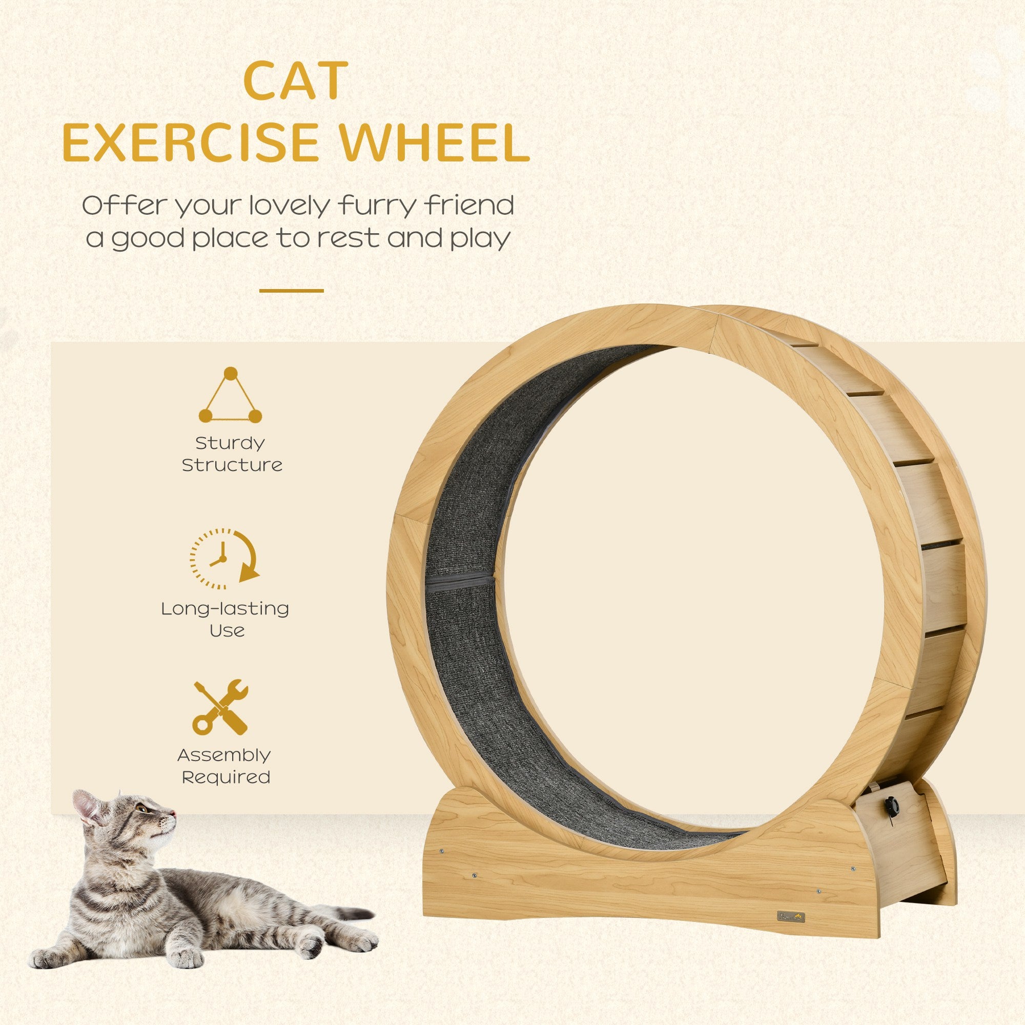 PawHut Cat Treadmill, Cat Exercise Wheel, 30 inch Cat Running Wheel with Brake, Carpeted Runway, for Exercise  - Natural Wood Finish