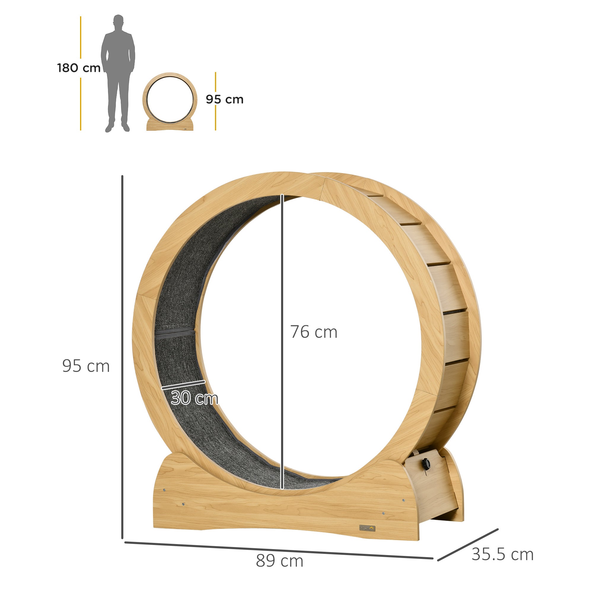 PawHut Cat Treadmill, Cat Exercise Wheel, 30 inch Cat Running Wheel with Brake, Carpeted Runway, for Exercise  - Natural Wood Finish