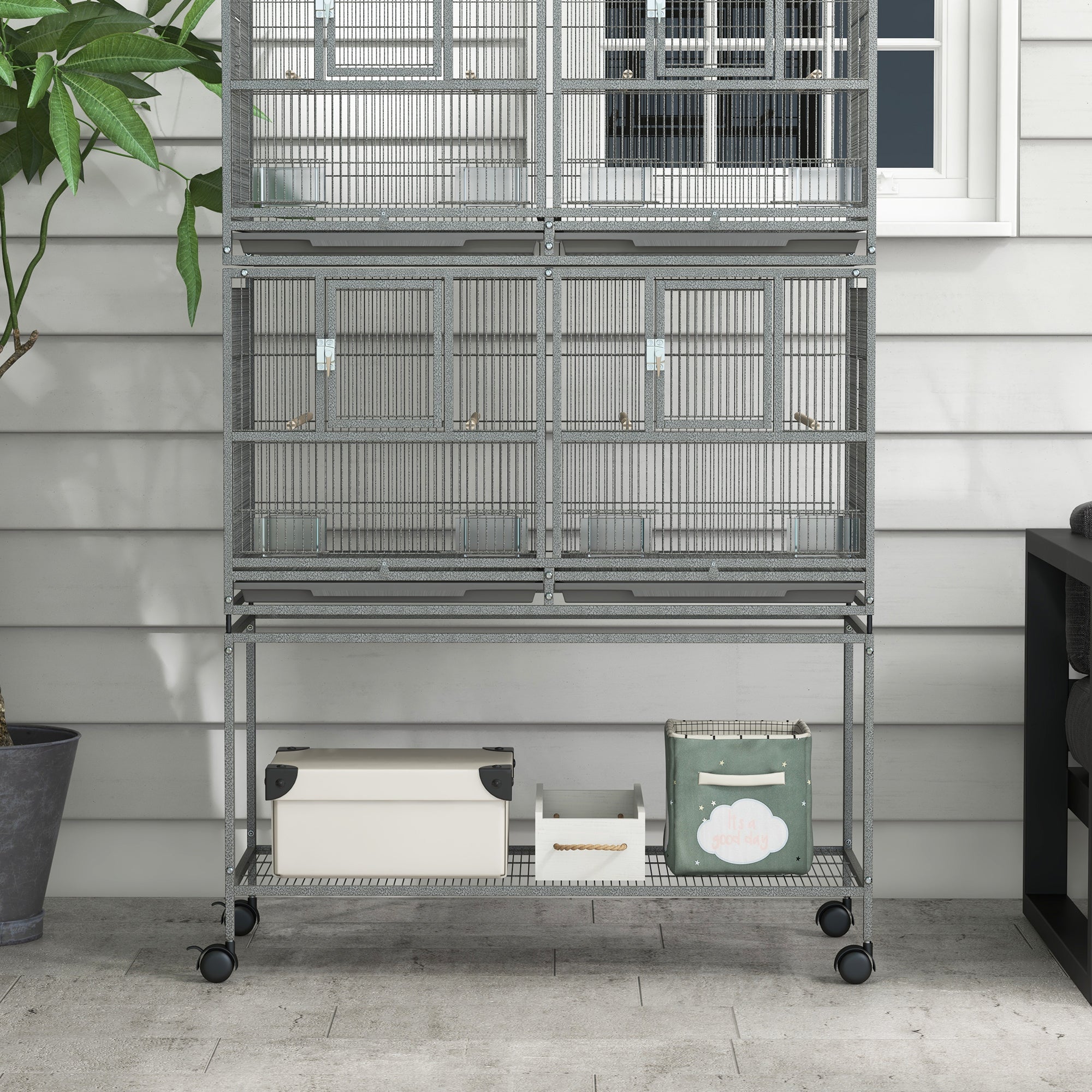 PawHut 61"H Divided Breeder Bird Cage with Rolling Stand Removable Metal Tray, Storage Shelf, Wood Perch, and Food Container, Dark Grey