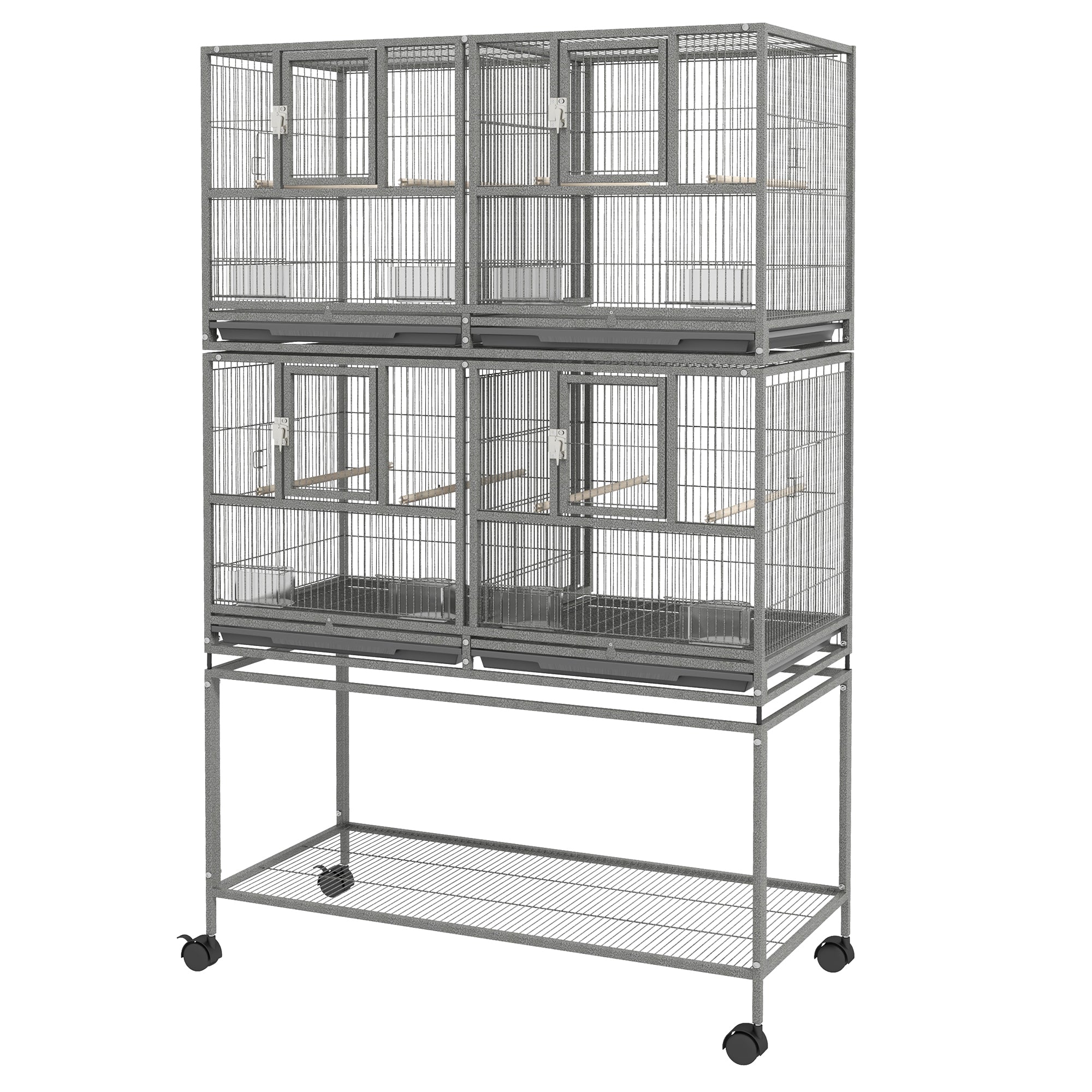 PawHut 61"H Divided Breeder Bird Cage with Rolling Stand Removable Metal Tray, Storage Shelf, Wood Perch, and Food Container, Dark Grey