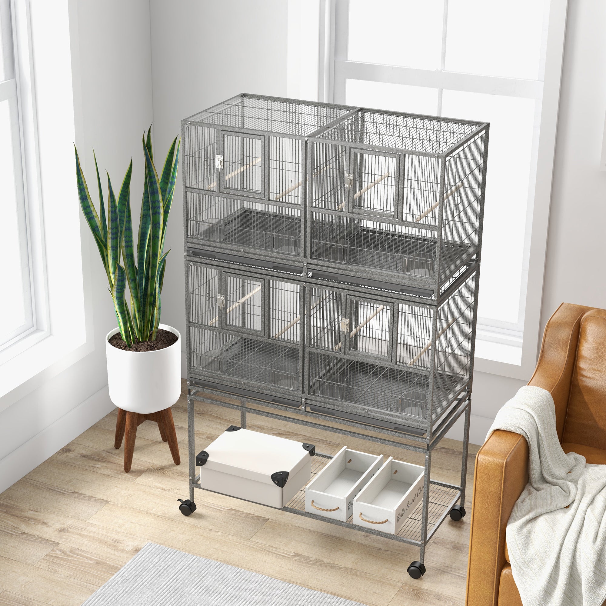 PawHut 61"H Divided Breeder Bird Cage with Rolling Stand Removable Metal Tray, Storage Shelf, Wood Perch, and Food Container, Dark Grey