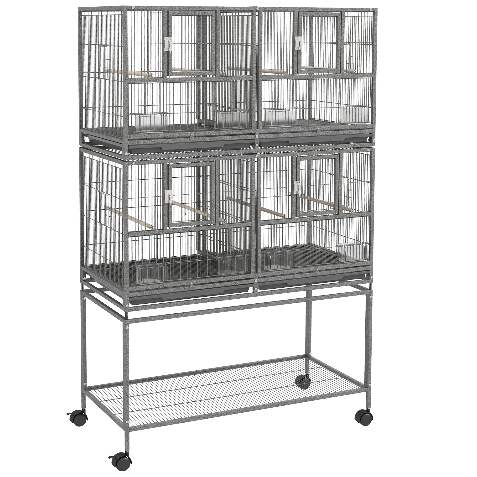 PawHut 61"H Divided Breeder Bird Cage with Rolling Stand Removable Metal Tray, Storage Shelf, Wood Perch, and Food Container, Dark Grey