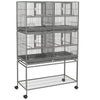 PawHut 61"H Divided Breeder Bird Cage with Rolling Stand Removable Metal Tray, Storage Shelf, Wood Perch, and Food Container, Dark Grey