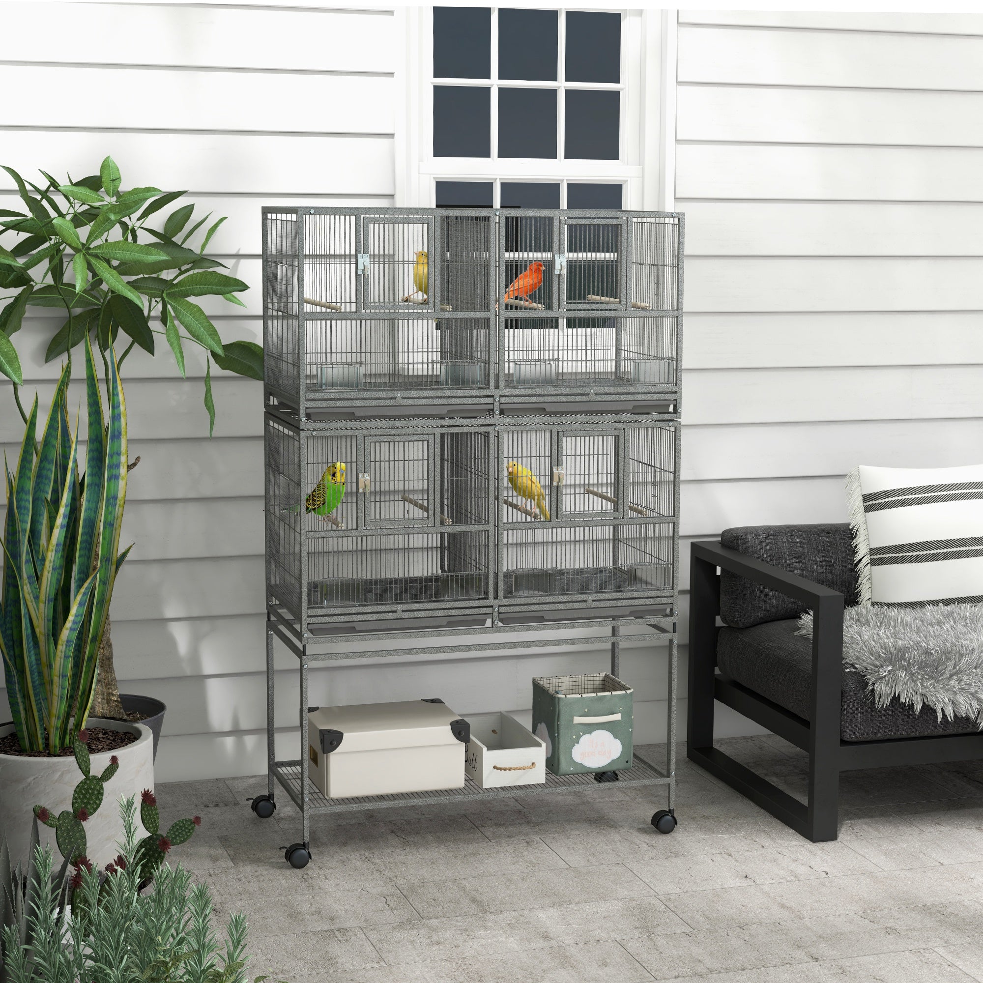 PawHut 61"H Divided Breeder Bird Cage with Rolling Stand Removable Metal Tray, Storage Shelf, Wood Perch, and Food Container, Dark Grey