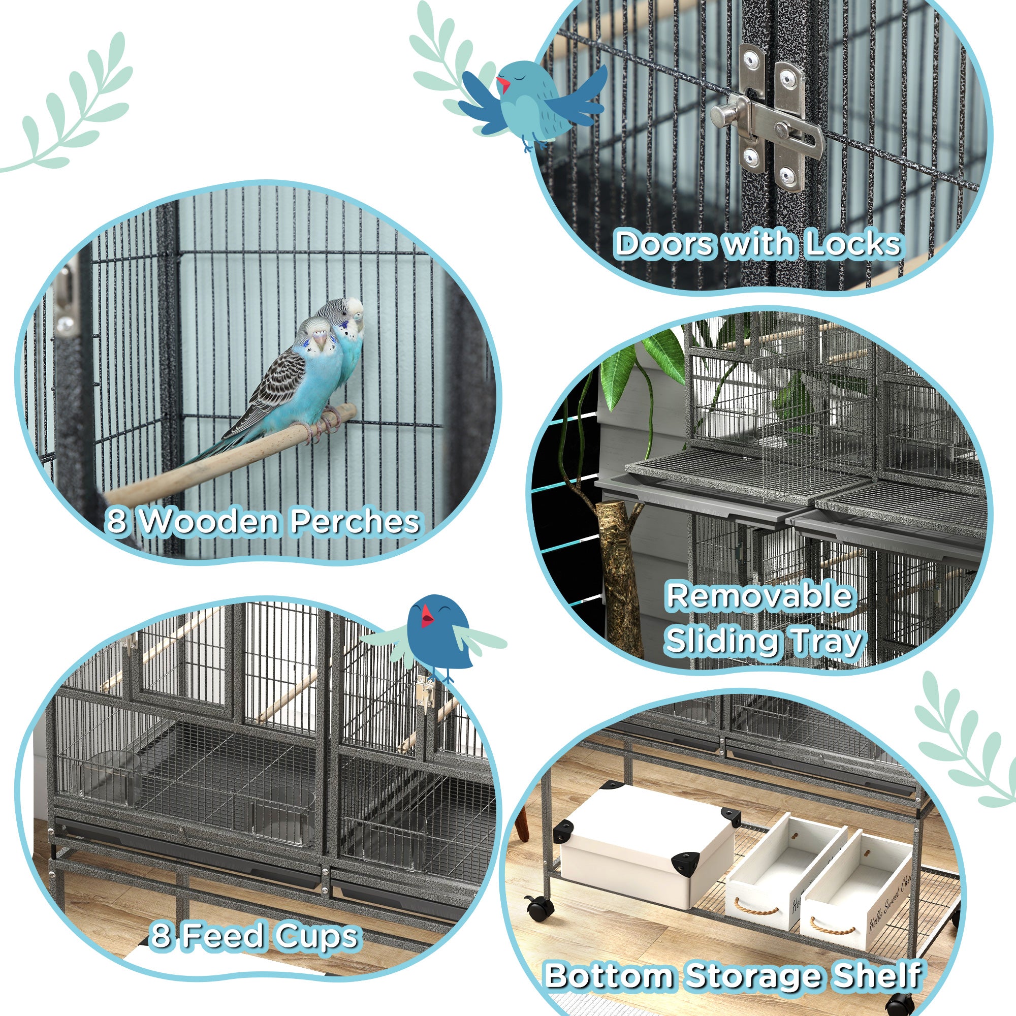 PawHut 61"H Divided Breeder Bird Cage with Rolling Stand Removable Metal Tray, Storage Shelf, Wood Perch, and Food Container, Dark Grey