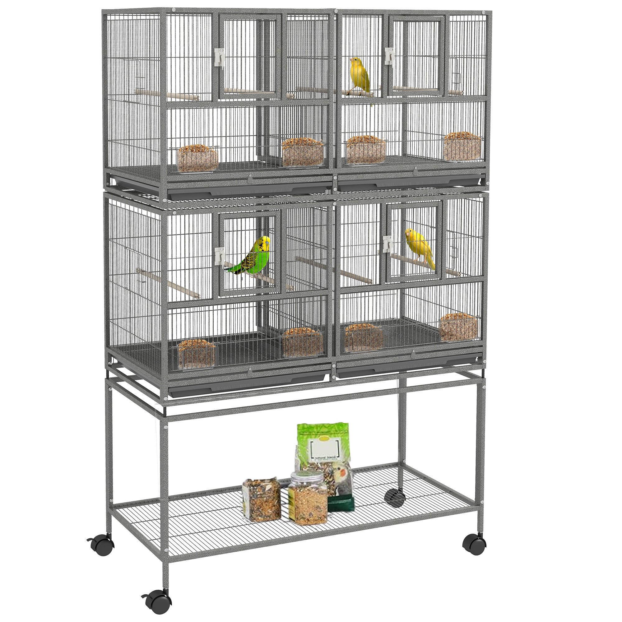 PawHut 61"H Divided Breeder Bird Cage with Rolling Stand Removable Metal Tray, Storage Shelf, Wood Perch, and Food Container, Dark Grey