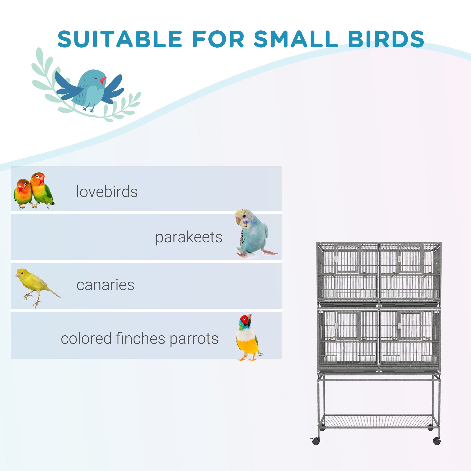 PawHut 61"H Divided Breeder Bird Cage with Rolling Stand Removable Metal Tray, Storage Shelf, Wood Perch, and Food Container, Dark Grey