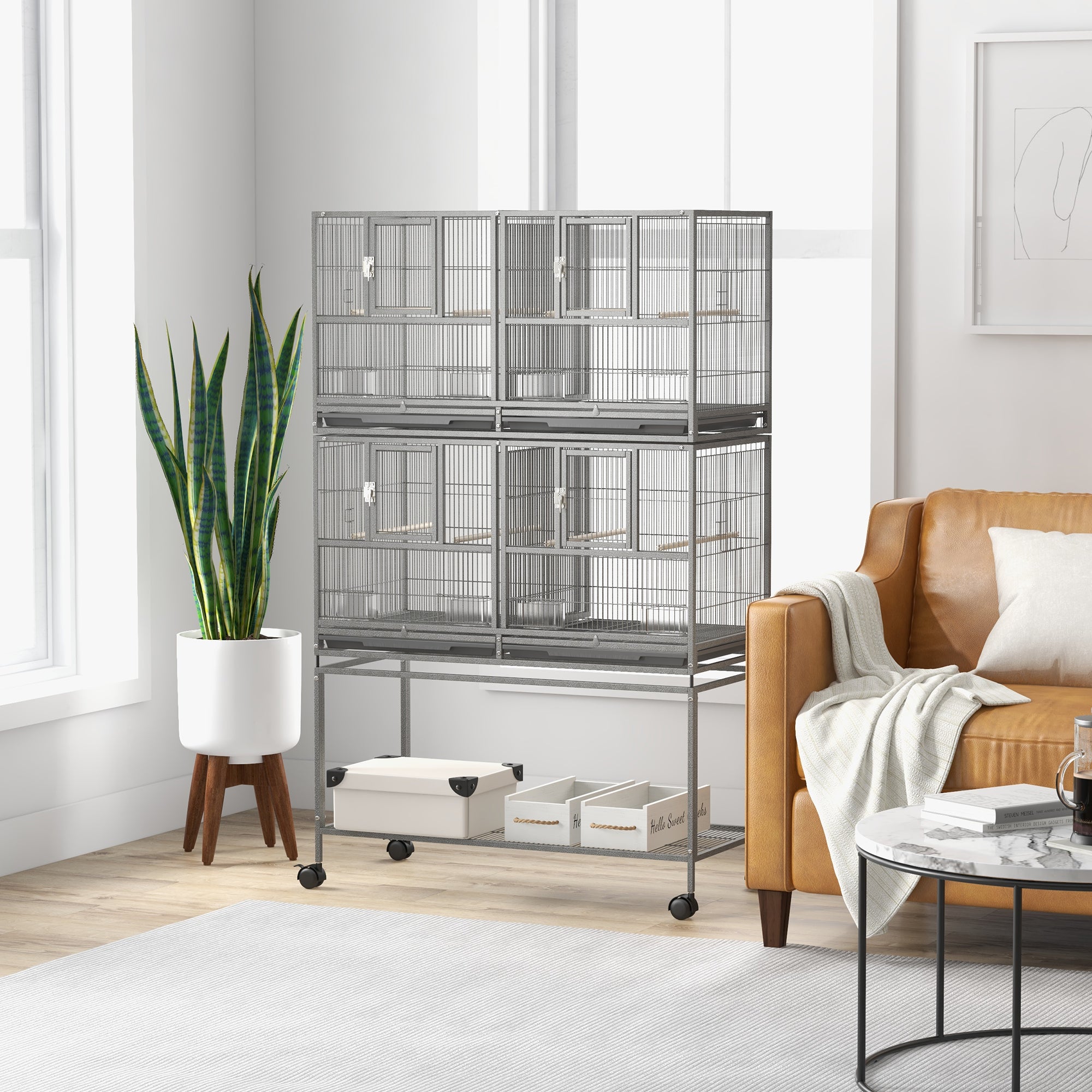 PawHut 61"H Divided Breeder Bird Cage with Rolling Stand Removable Metal Tray, Storage Shelf, Wood Perch, and Food Container, Dark Grey