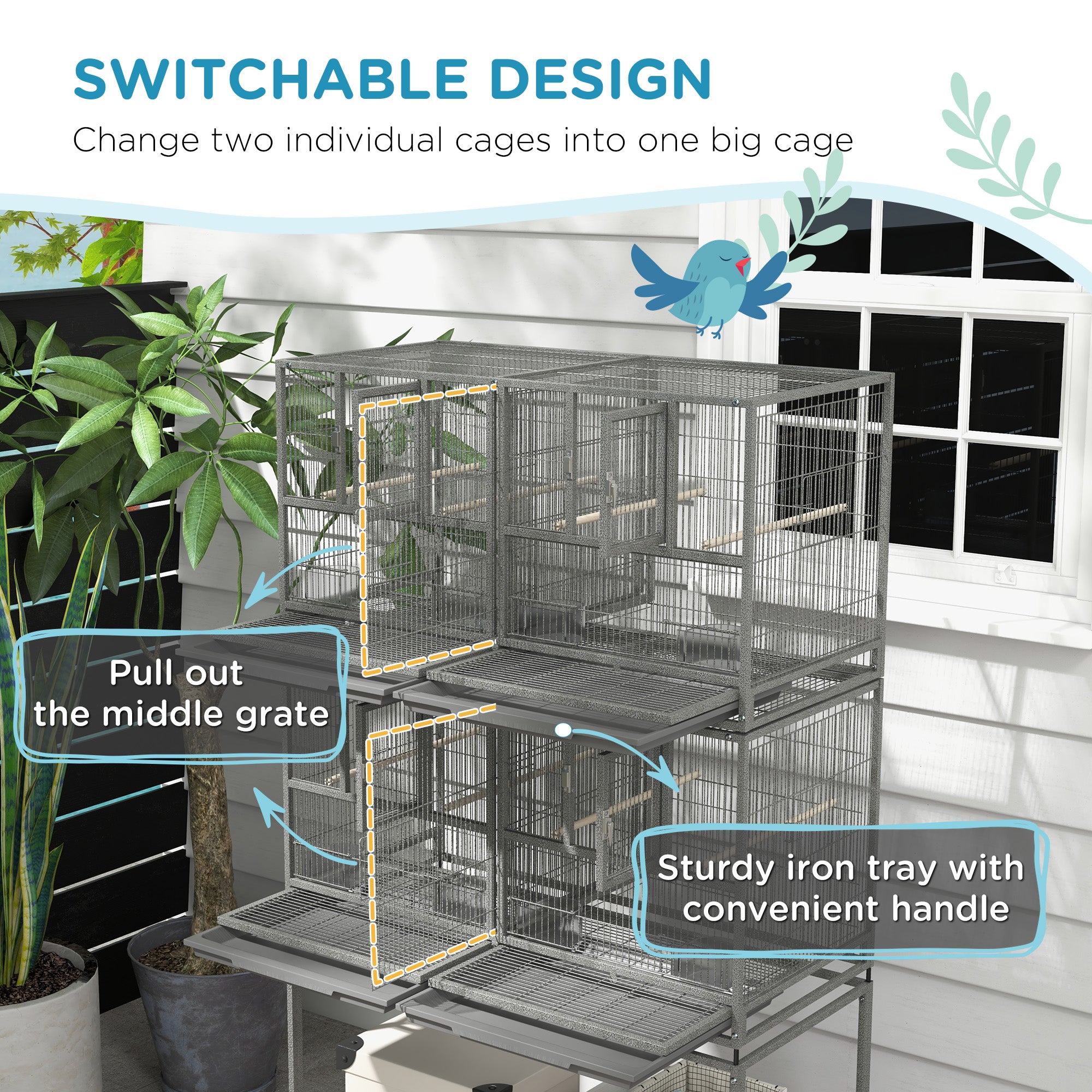PawHut 61"H Divided Breeder Bird Cage with Rolling Stand Removable Metal Tray, Storage Shelf, Wood Perch, and Food Container, Dark Grey