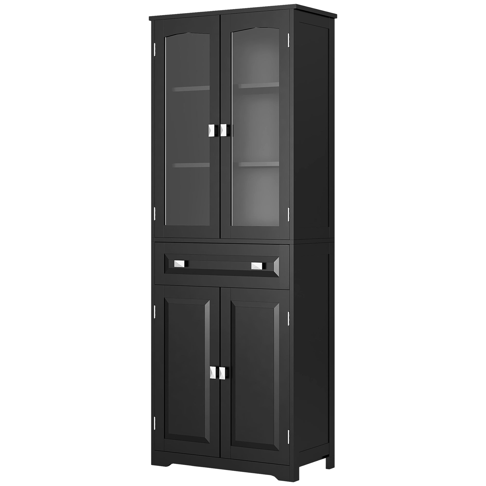HOMCOM 63" Kitchen Pantry Cabinet, Freestanding Kitchen Pantry Storage Cabinet with Glass Doors, Drawer and Adjustable Shelves, Black
