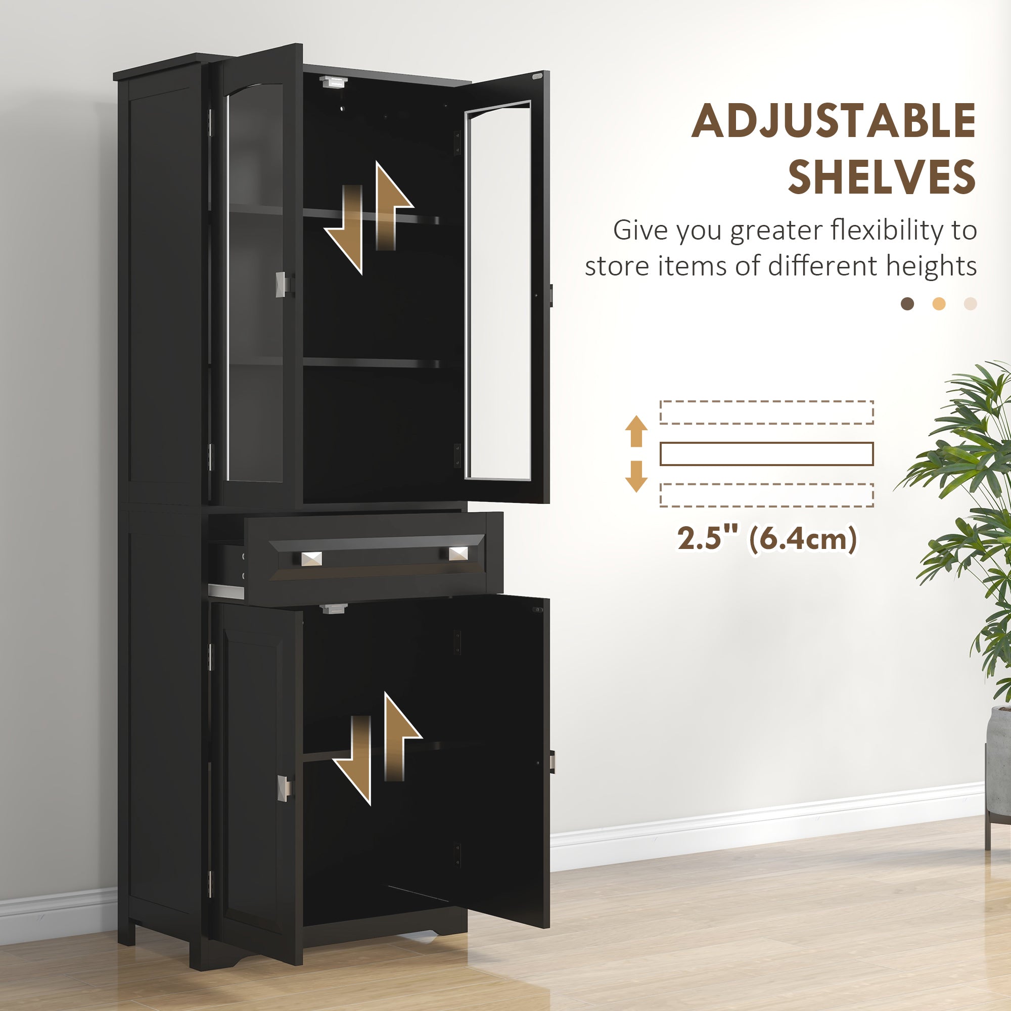 HOMCOM 63" Kitchen Pantry Cabinet, Freestanding Kitchen Pantry Storage Cabinet with Glass Doors, Drawer and Adjustable Shelves, Black