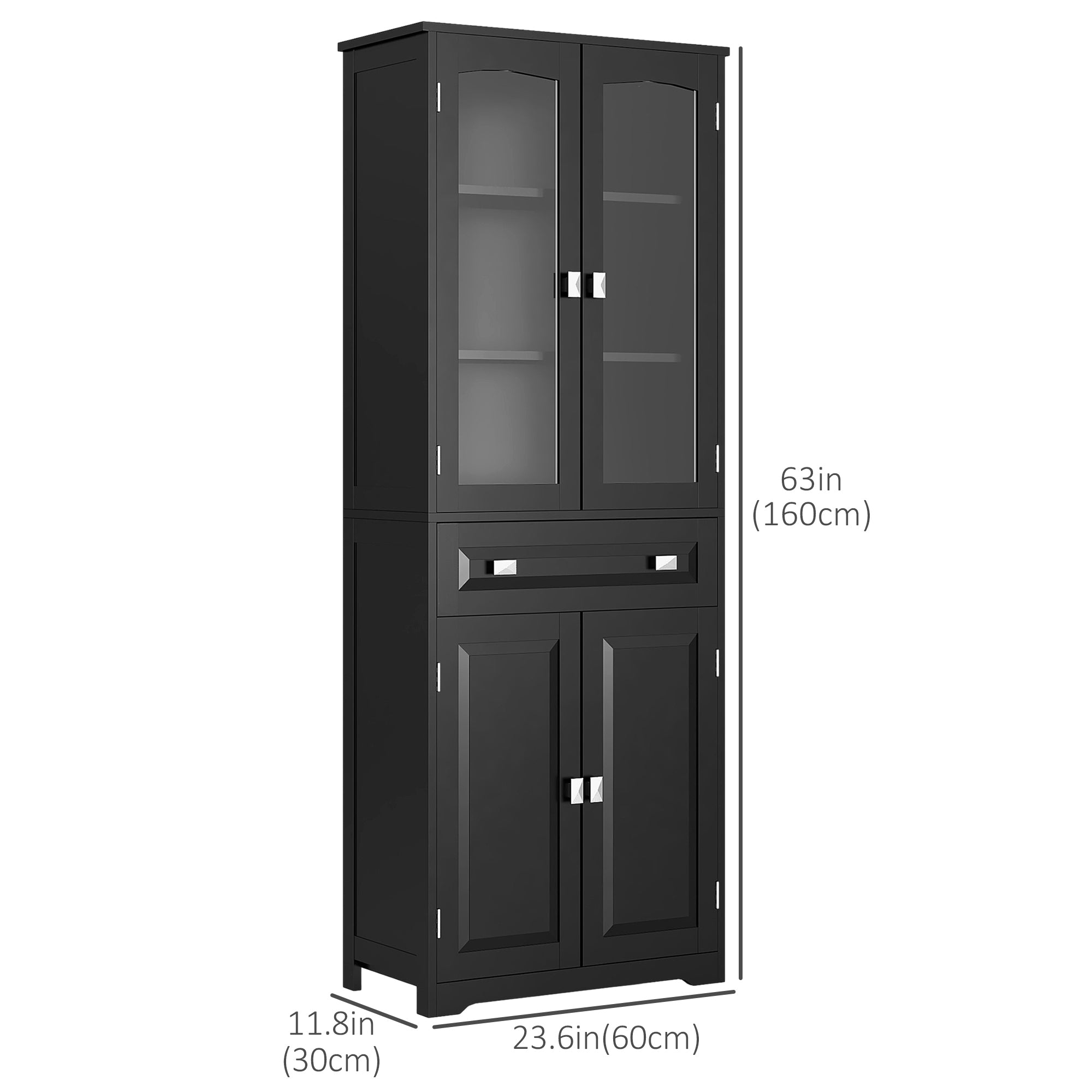 HOMCOM 63" Kitchen Pantry Cabinet, Freestanding Kitchen Pantry Storage Cabinet with Glass Doors, Drawer and Adjustable Shelves, Black