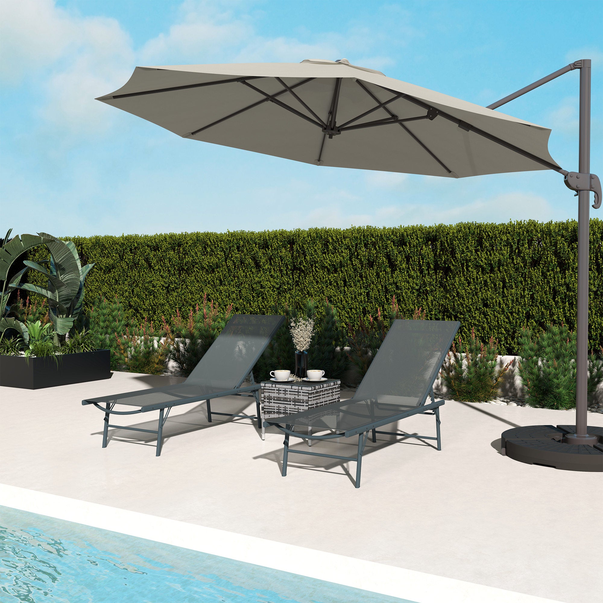 Outsunny Folding Outdoor Lounge Chair Set of 2, 5-Level Adjustable Outdoor Chaise Lounge Chair, Patio Sun Tanning Chair with Mesh Seat for Backyard, Beach, Poolside, Light Grey