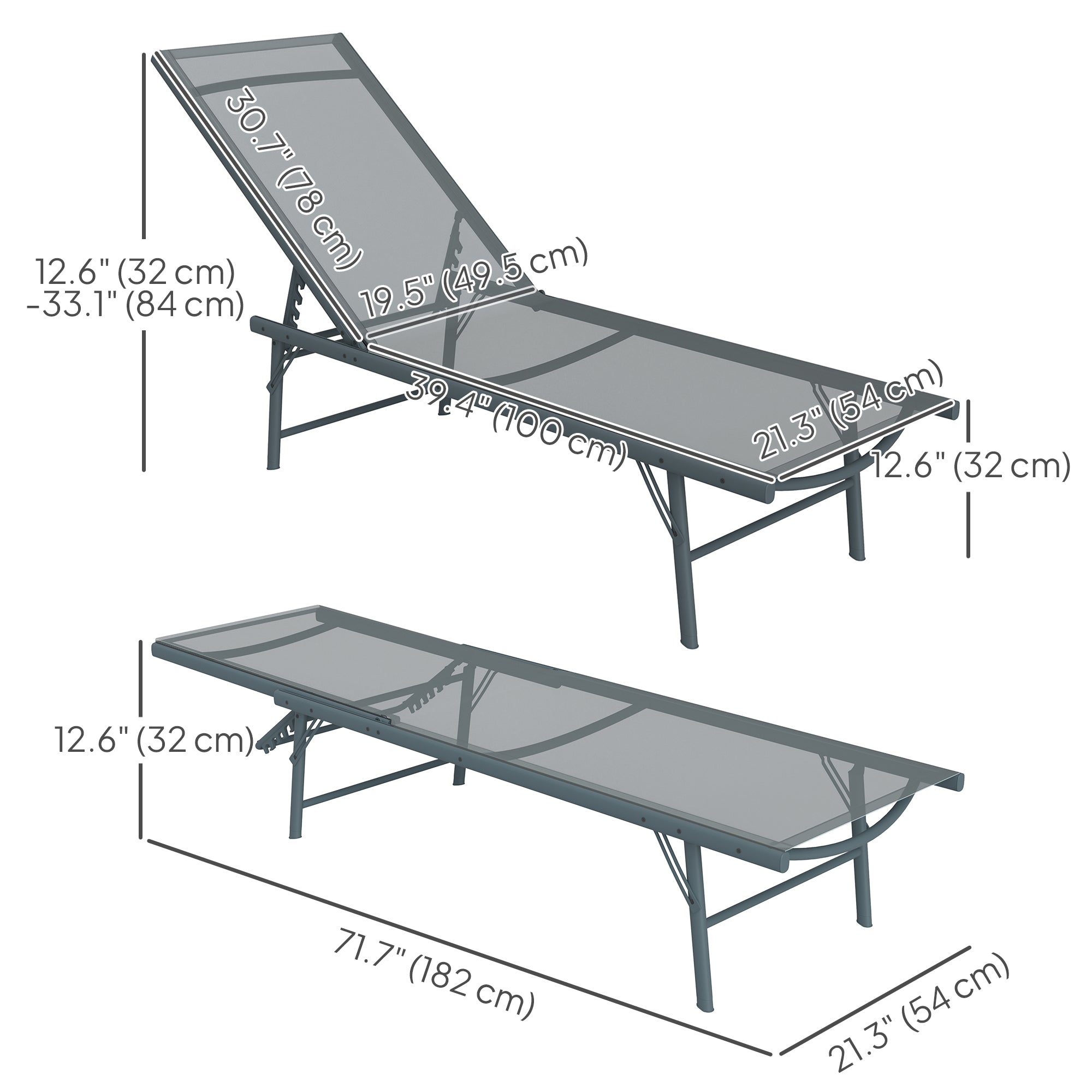 Outsunny Folding Outdoor Lounge Chair Set of 2, 5-Level Adjustable Outdoor Chaise Lounge Chair, Patio Sun Tanning Chair with Mesh Seat for Backyard, Beach, Poolside, Light Grey