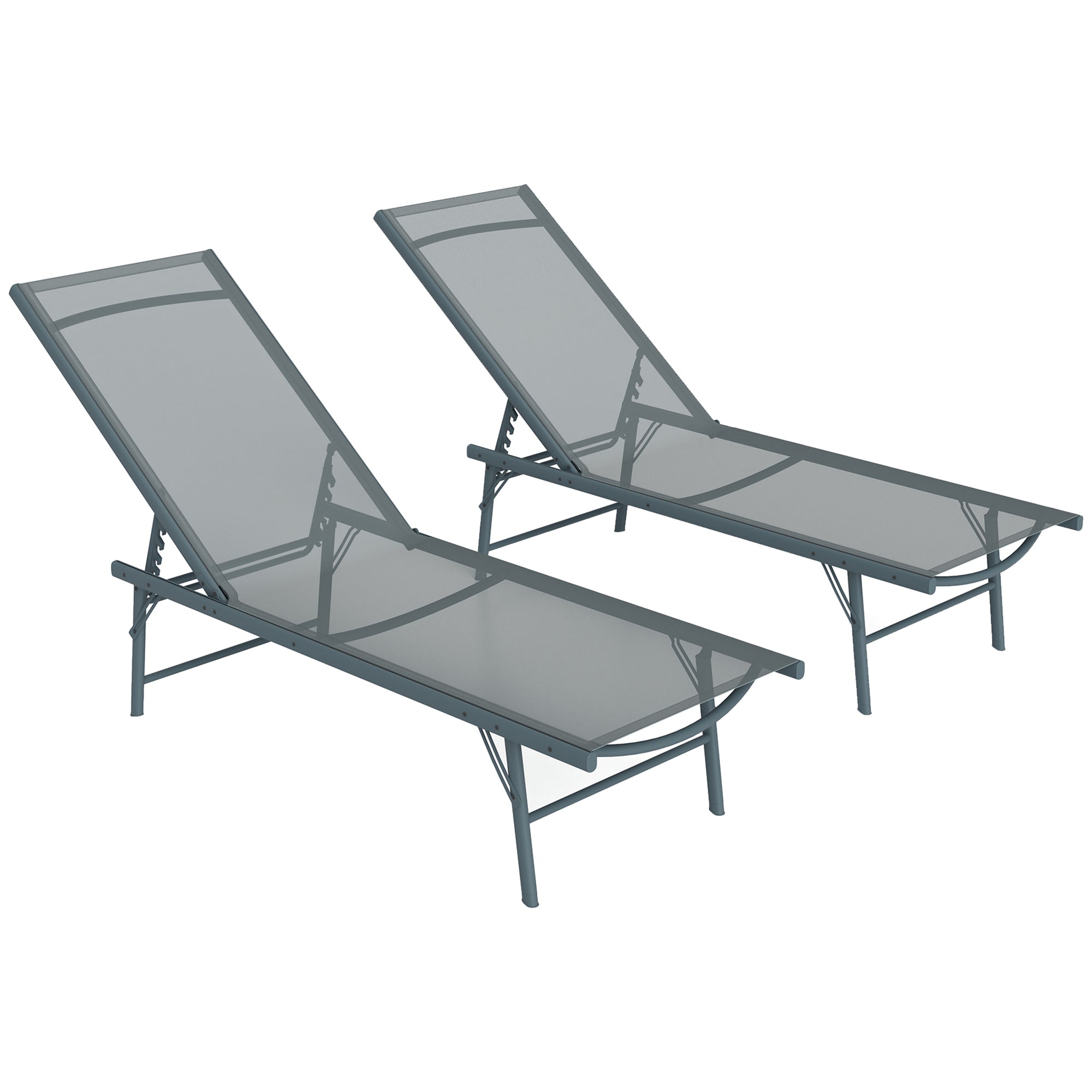 Outsunny Folding Outdoor Lounge Chair Set of 2, 5-Level Adjustable Outdoor Chaise Lounge Chair, Patio Sun Tanning Chair with Mesh Seat for Backyard, Beach, Poolside, Light Grey
