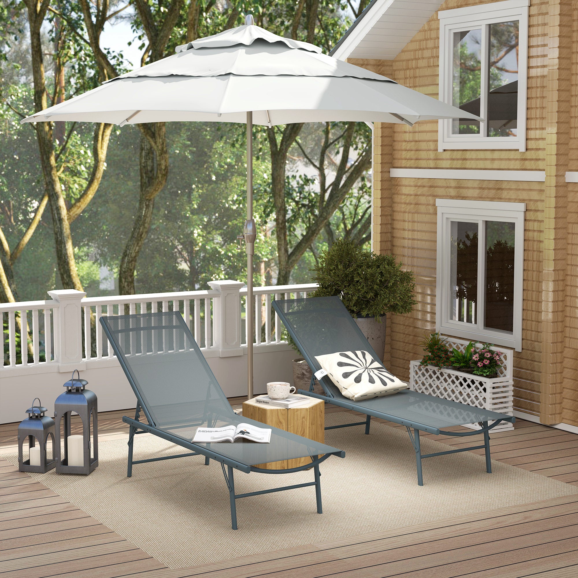 Outsunny Folding Outdoor Lounge Chair Set of 2, 5-Level Adjustable Outdoor Chaise Lounge Chair, Patio Sun Tanning Chair with Mesh Seat for Backyard, Beach, Poolside, Light Grey