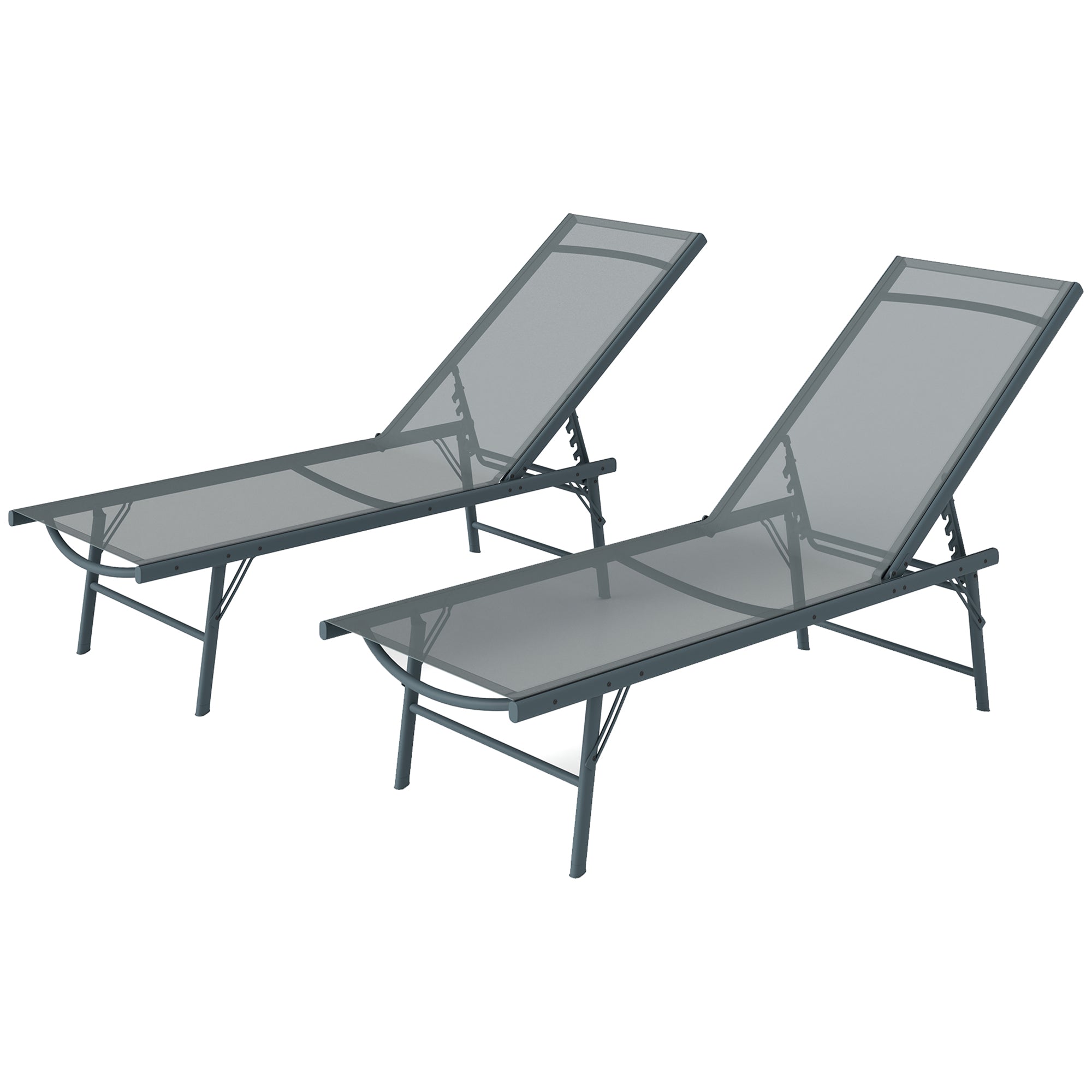 Outsunny Folding Outdoor Lounge Chair Set of 2, 5-Level Adjustable Outdoor Chaise Lounge Chair, Patio Sun Tanning Chair with Mesh Seat for Backyard, Beach, Poolside, Light Grey