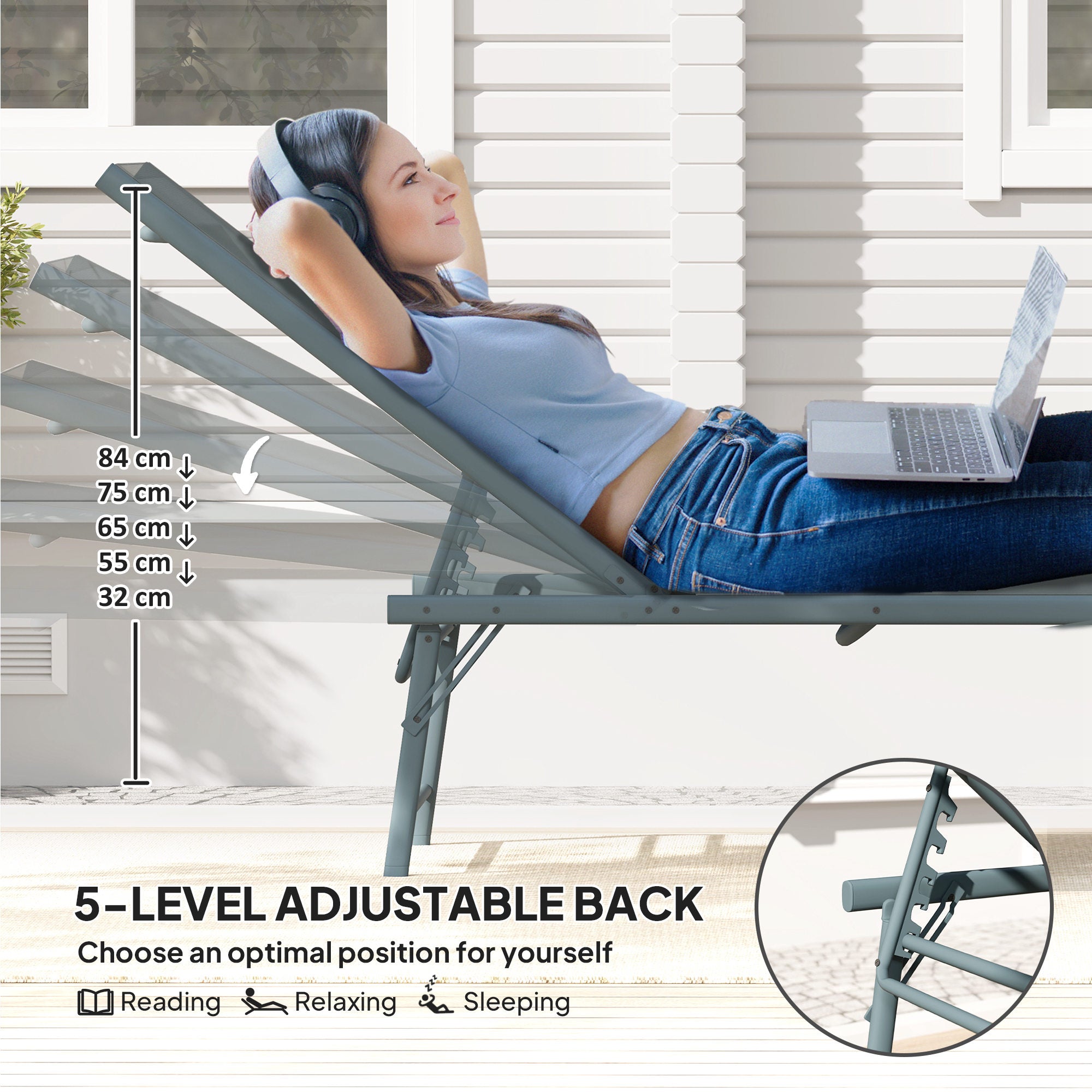 Outsunny Folding Outdoor Lounge Chair Set of 2, 5-Level Adjustable Outdoor Chaise Lounge Chair, Patio Sun Tanning Chair with Mesh Seat for Backyard, Beach, Poolside, Light Grey