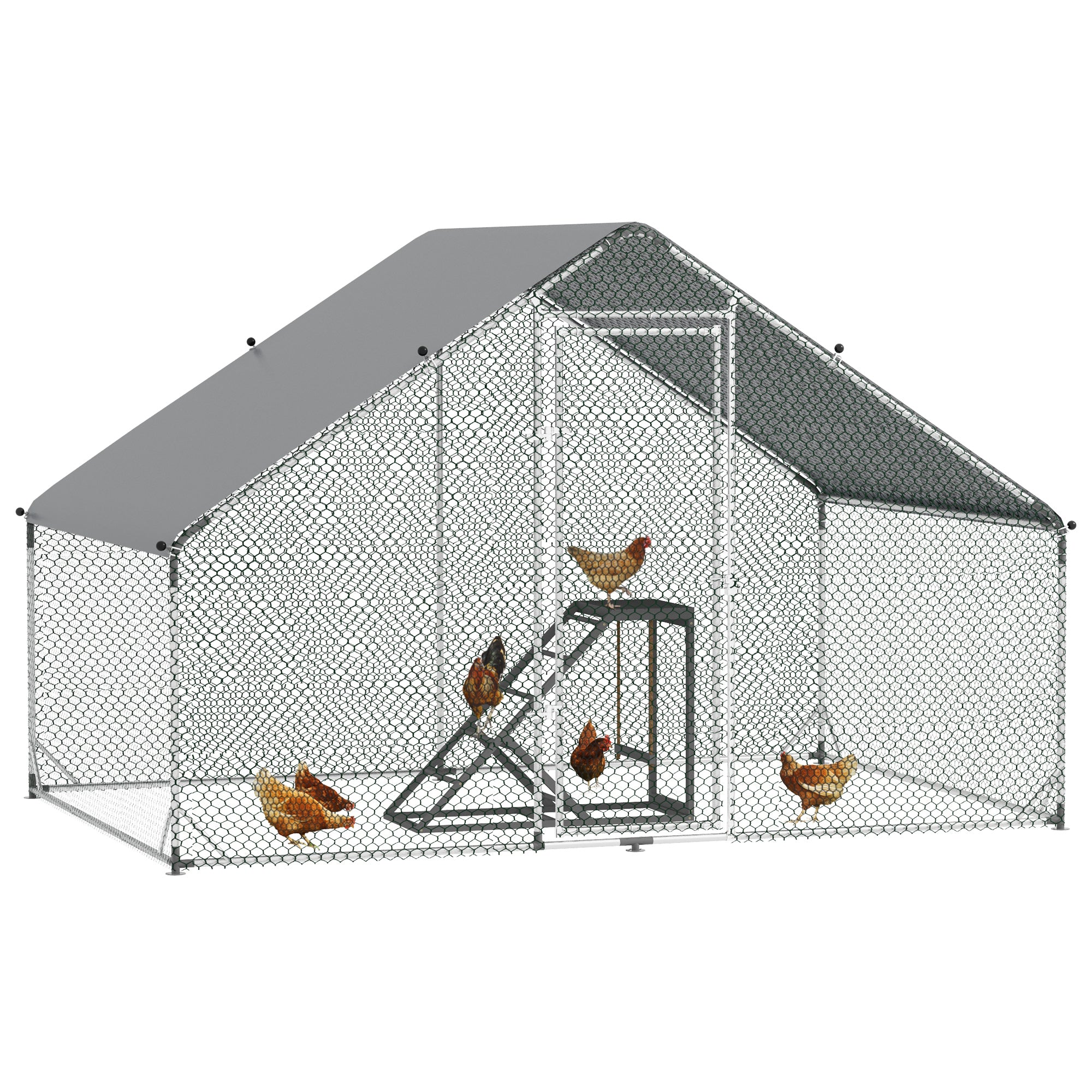 PawHut Walk-In Chicken Run, Galvanised Chicken Coop with Chicken Activity Shelf, Outdoor Hen Poultry House Cage Rabbit Hutch Garden with UV-resistant and Water-Resistant Cover, 3 x 2 x 2m