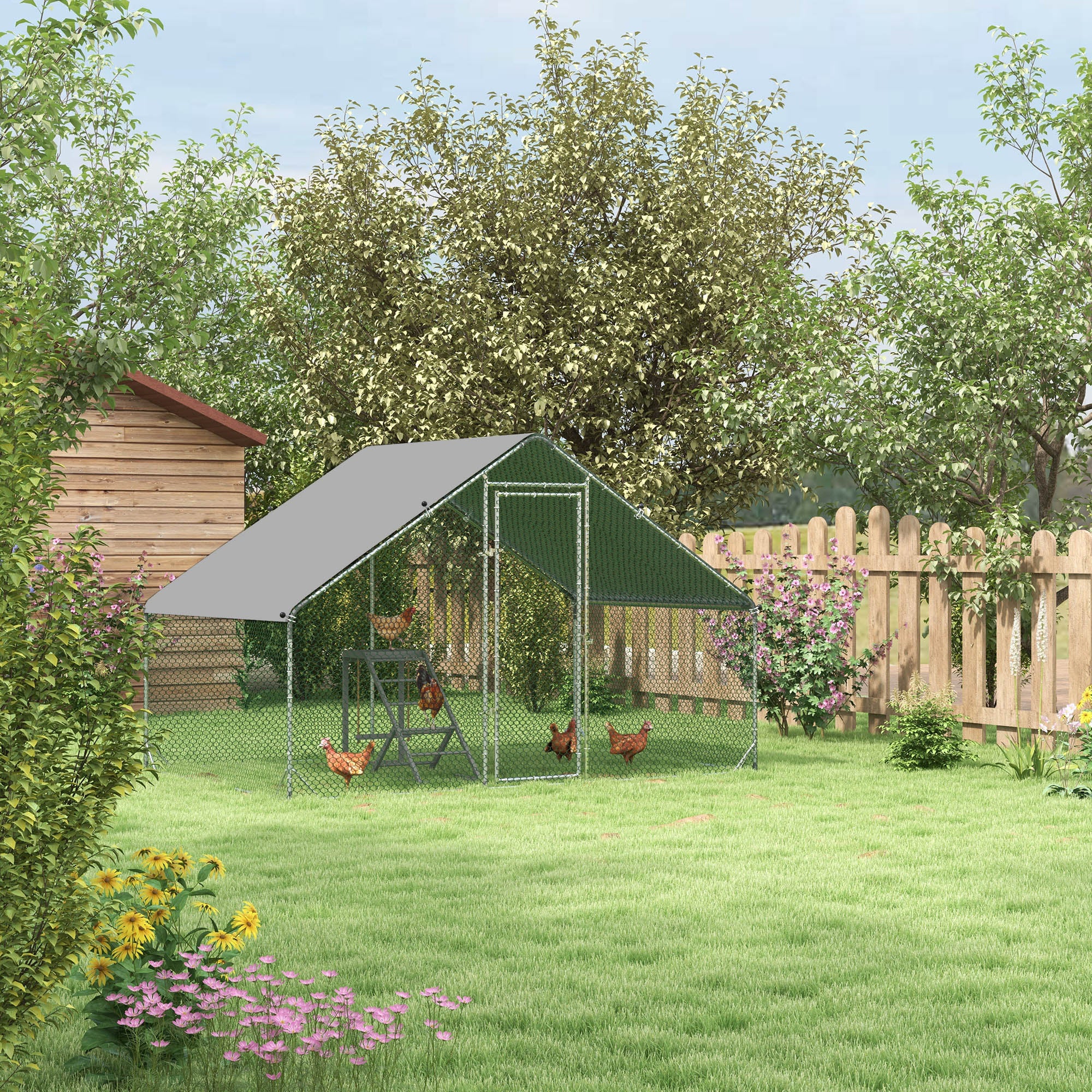 PawHut Walk-In Chicken Run, Galvanised Chicken Coop with Chicken Activity Shelf, Outdoor Hen Poultry House Cage Rabbit Hutch Garden with UV-resistant and Water-Resistant Cover, 3 x 2 x 2m