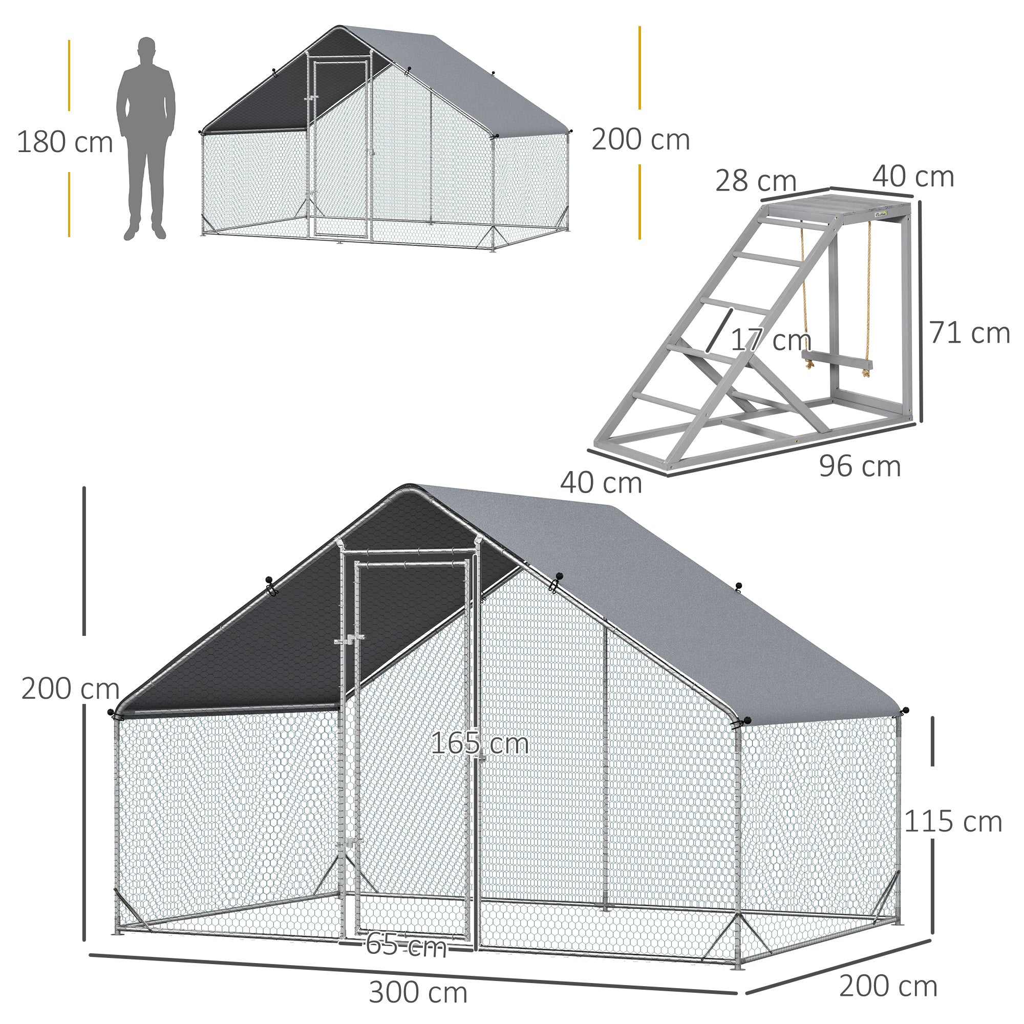 PawHut Walk-In Chicken Run, Galvanised Chicken Coop with Chicken Activity Shelf, Outdoor Hen Poultry House Cage Rabbit Hutch Garden with UV-resistant and Water-Resistant Cover, 3 x 2 x 2m