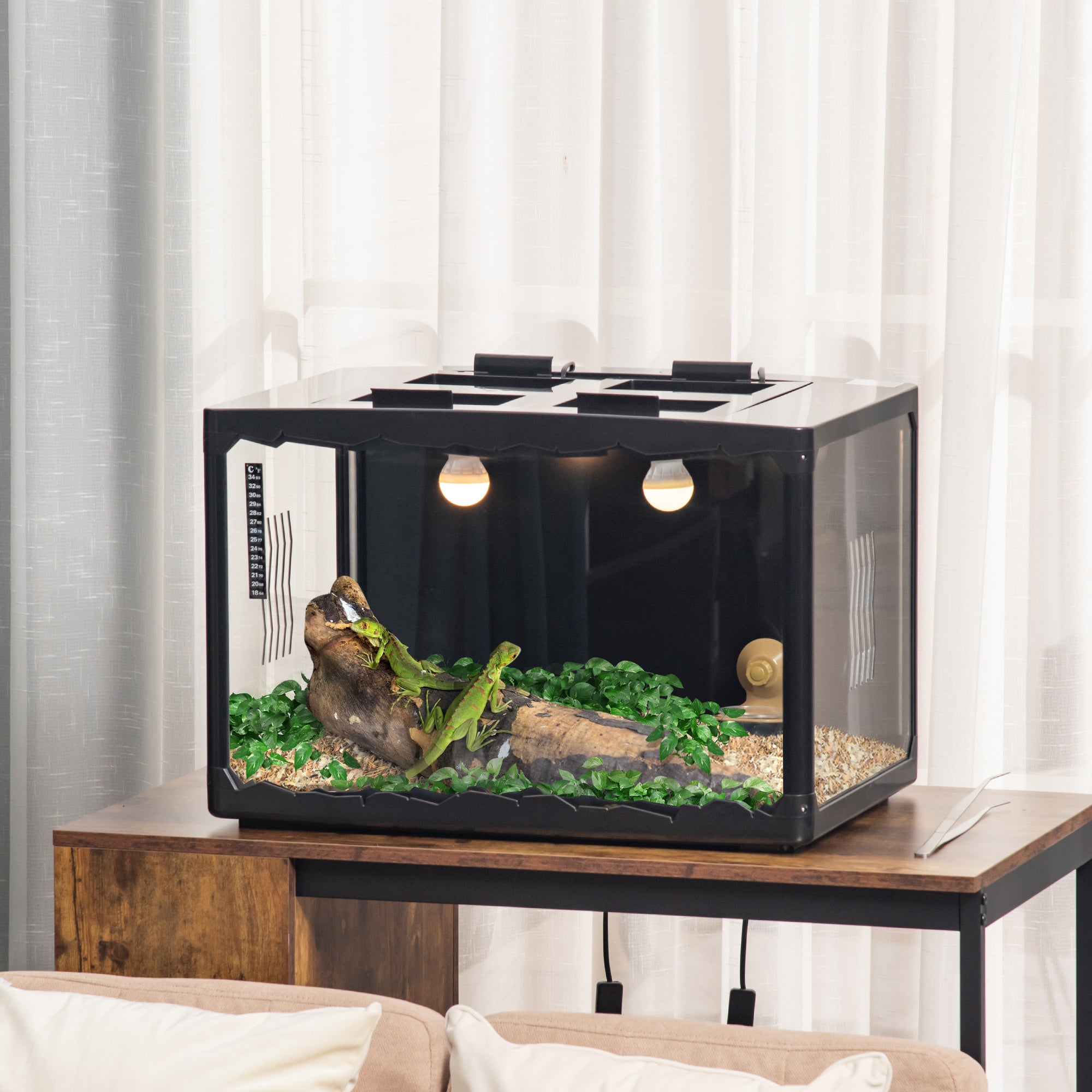 PawHut Reptile Terrarium Insect Breeding Tank Vivarium Habitats with Thermometer Lamp Holders Hanging Basin for Lizards, Horned Frogs, Snakes, Spiders 60 x 40 x 40.5cm