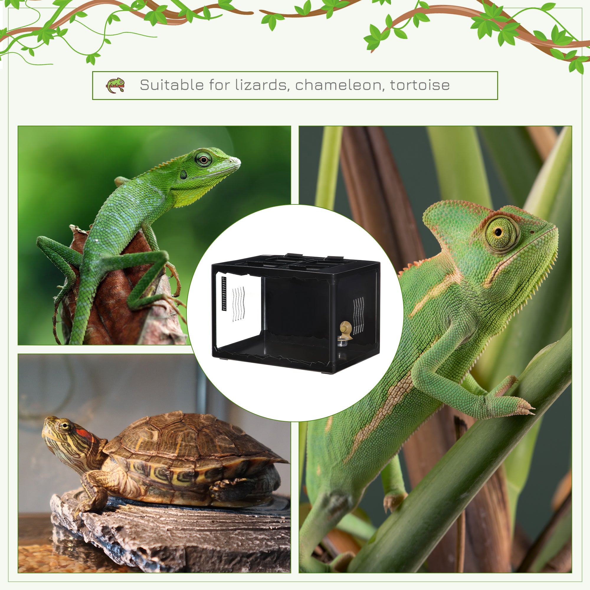 PawHut Reptile Terrarium Insect Breeding Tank Vivarium Habitats with Thermometer Lamp Holders Hanging Basin for Lizards, Horned Frogs, Snakes, Spiders 60 x 40 x 40.5cm