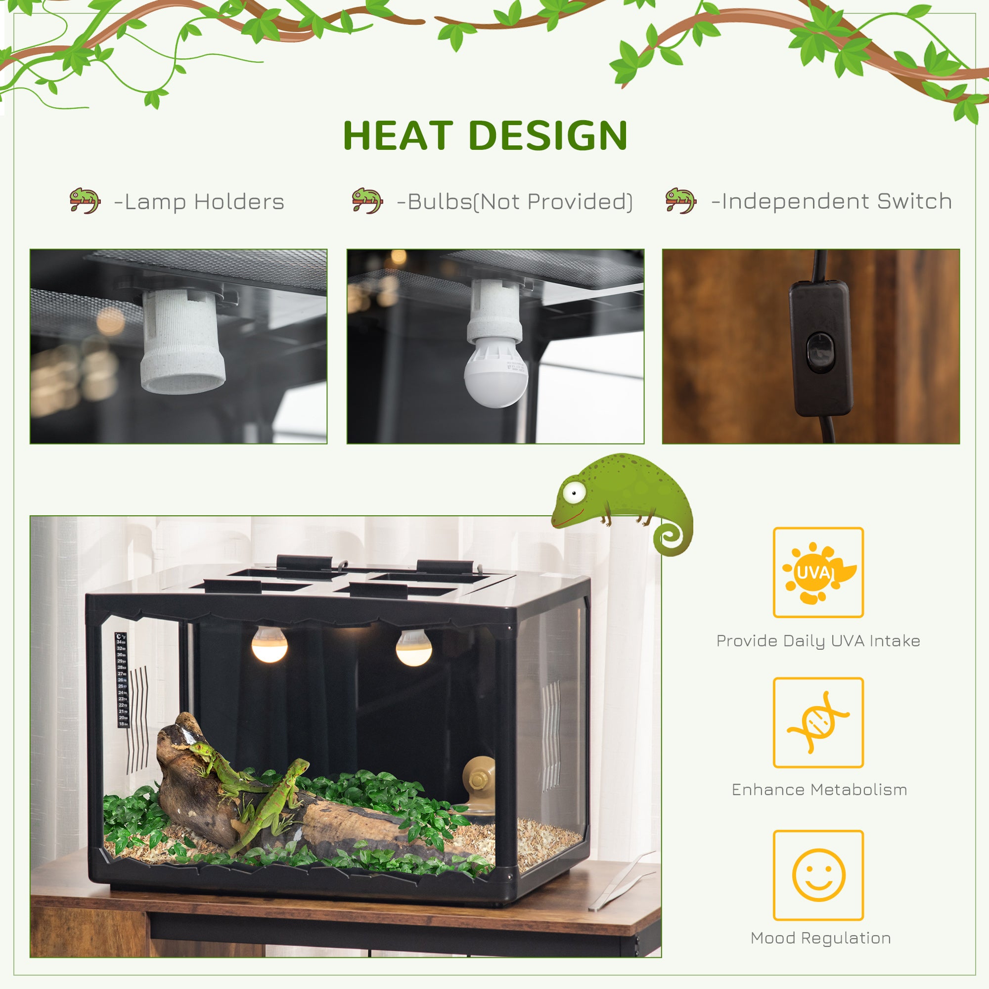 PawHut Reptile Terrarium Insect Breeding Tank Vivarium Habitats with Thermometer Lamp Holders Hanging Basin for Lizards, Horned Frogs, Snakes, Spiders 60 x 40 x 40.5cm