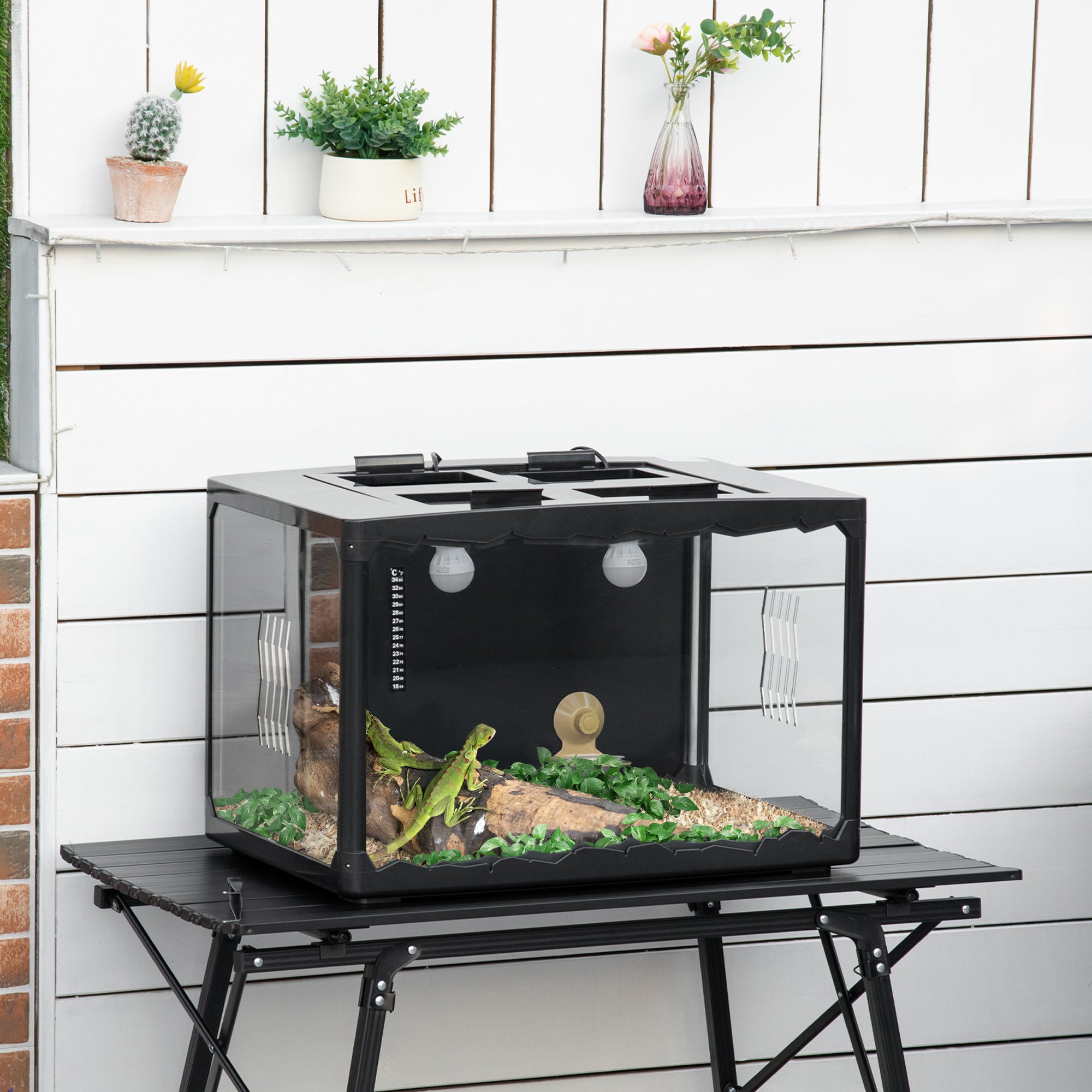 PawHut Reptile Terrarium Insect Breeding Tank Vivarium Habitats with Thermometer Lamp Holders Hanging Basin for Lizards, Horned Frogs, Snakes, Spiders 60 x 40 x 40.5cm
