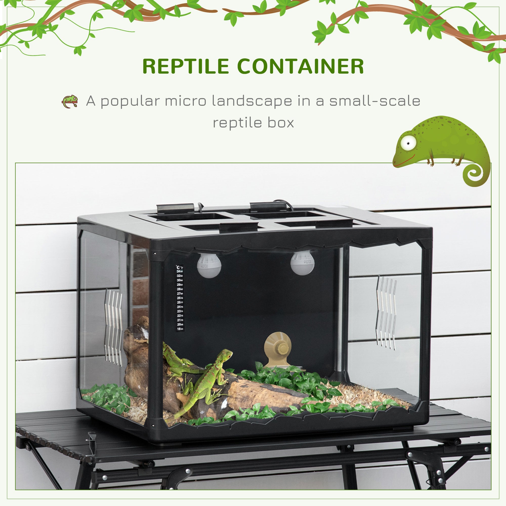 PawHut Reptile Terrarium Insect Breeding Tank Vivarium Habitats with Thermometer Lamp Holders Hanging Basin for Lizards, Horned Frogs, Snakes, Spiders 60 x 40 x 40.5cm