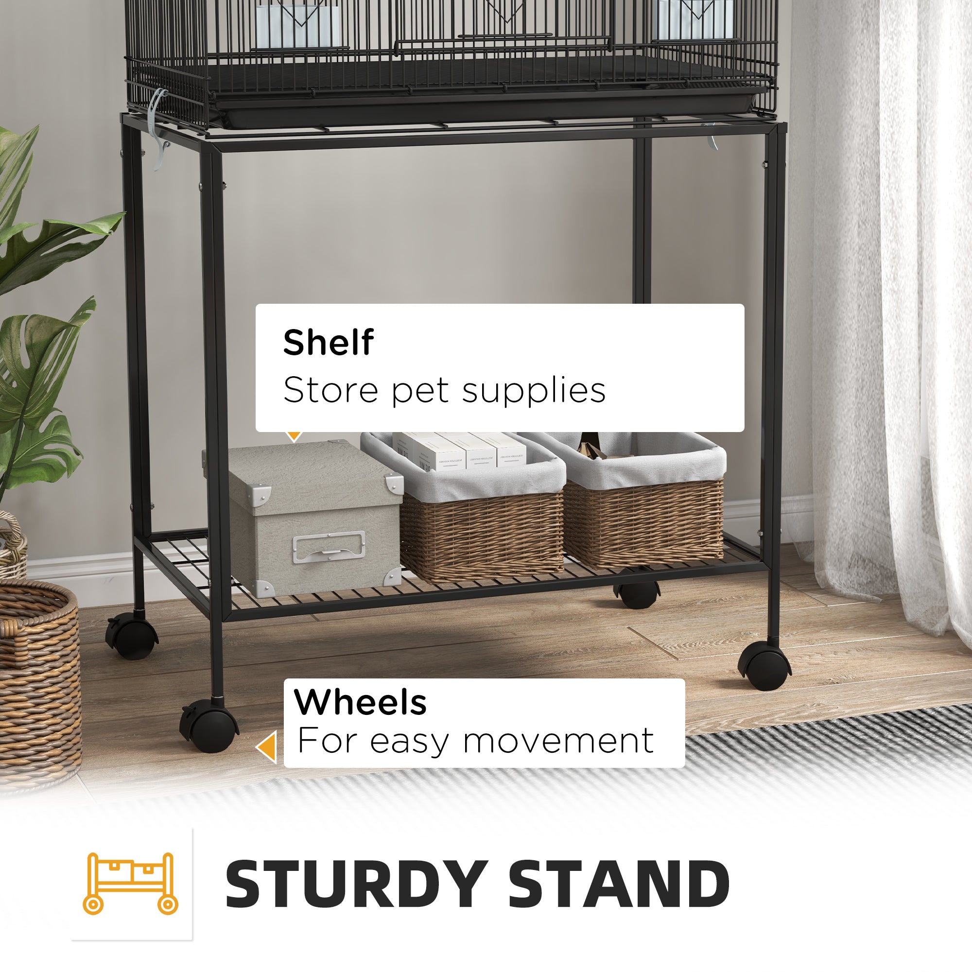 PawHut 2 Tier Bird Cage, Budgie Cage with Stand, Swing, Rope, Ladder, Wheels, Shelf, Tray, Perches, Food Containers, for Canaries, Lovebirds, Finches