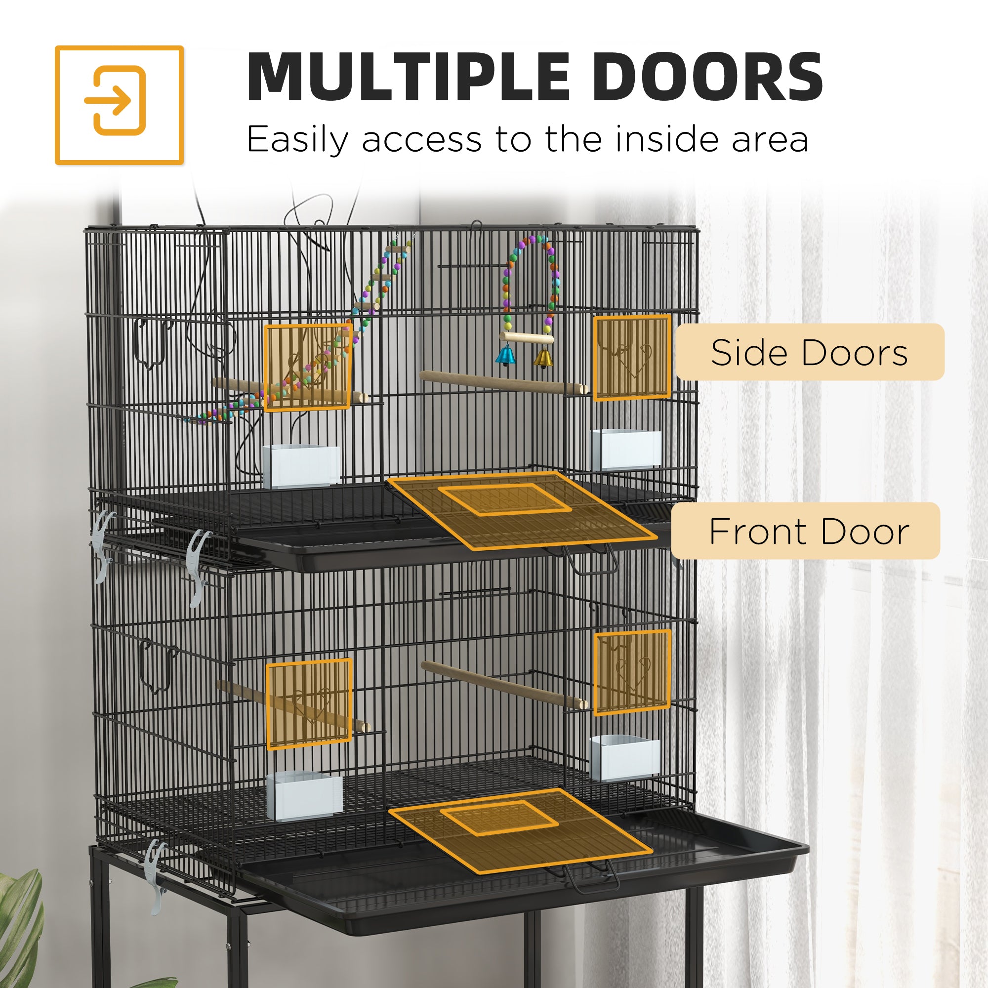 PawHut Birdcage for Canaries, Lovebirds Finches, Budgie Cage with Wheels, Removable Tray, Bottom Mesh Panel, Wooden Perches, Swing, Ramp, Food Containers, 30
