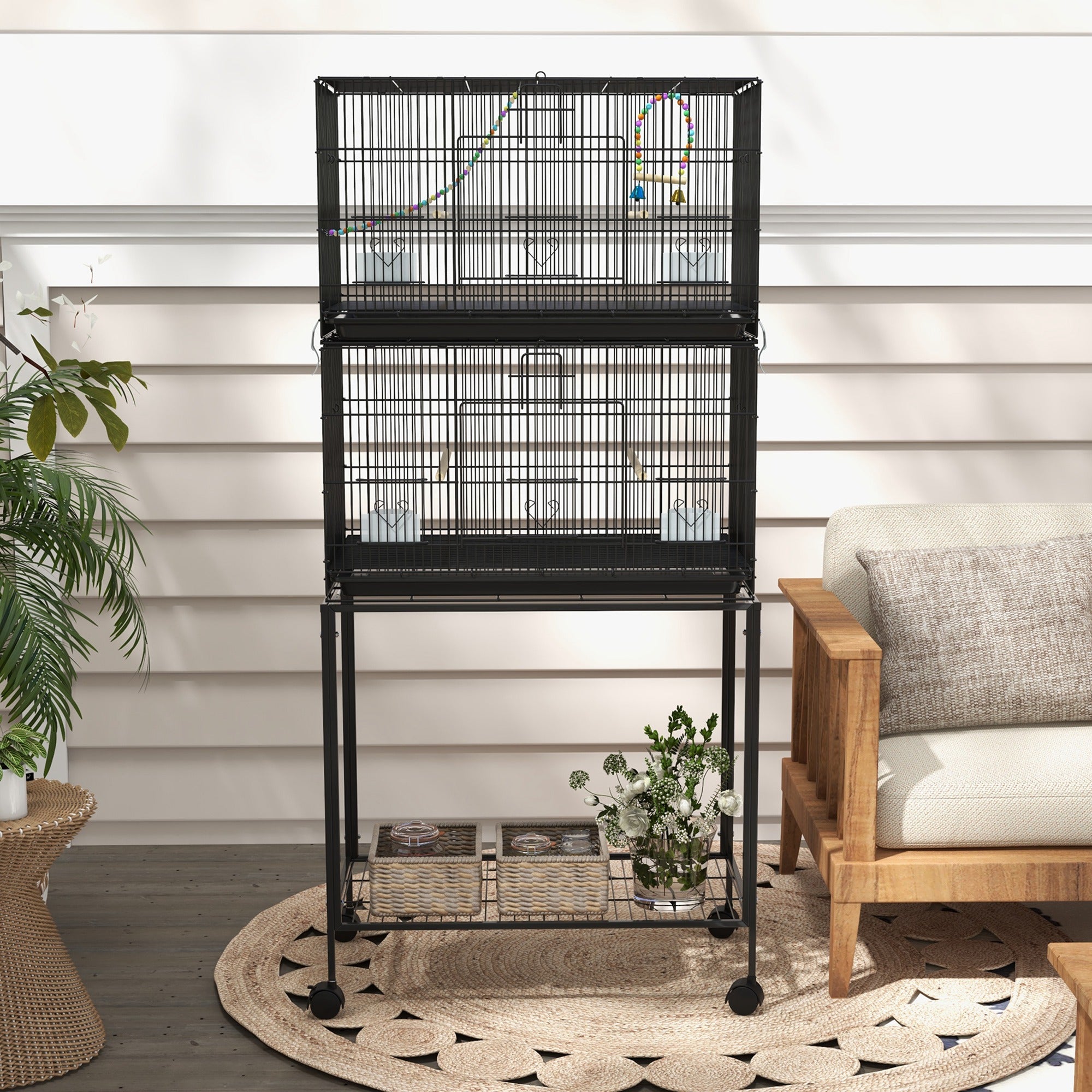 PawHut 2 Tier Bird Cage, Budgie Cage with Stand, Swing, Rope, Ladder, Wheels, Shelf, Tray, Perches, Food Containers, for Canaries, Lovebirds, Finches