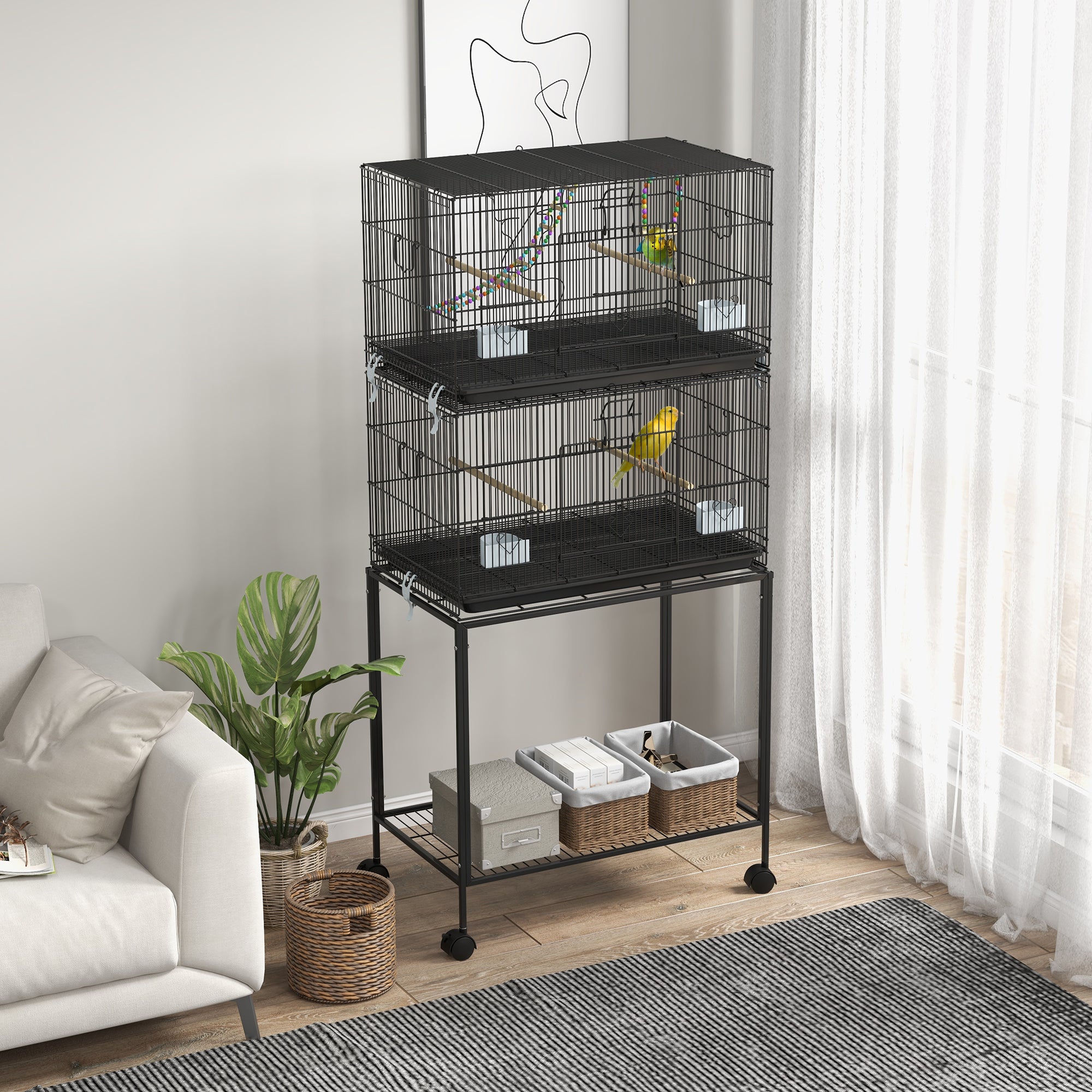 PawHut 2 Tier Bird Cage, Budgie Cage with Stand, Swing, Rope, Ladder, Wheels, Shelf, Tray, Perches, Food Containers, for Canaries, Lovebirds, Finches
