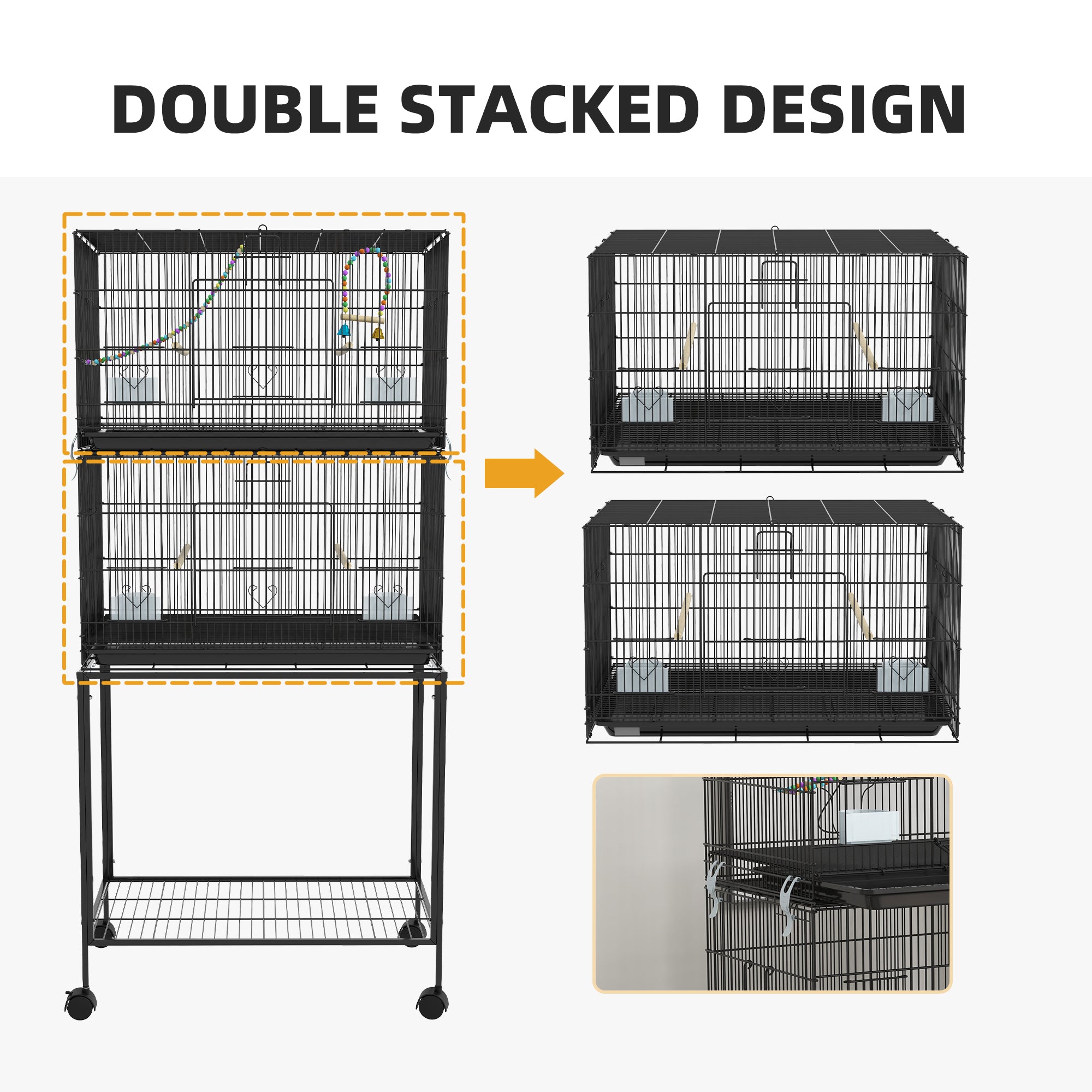 PawHut 2 Tier Bird Cage, Budgie Cage with Stand, Swing, Rope, Ladder, Wheels, Shelf, Tray, Perches, Food Containers, for Canaries, Lovebirds, Finches