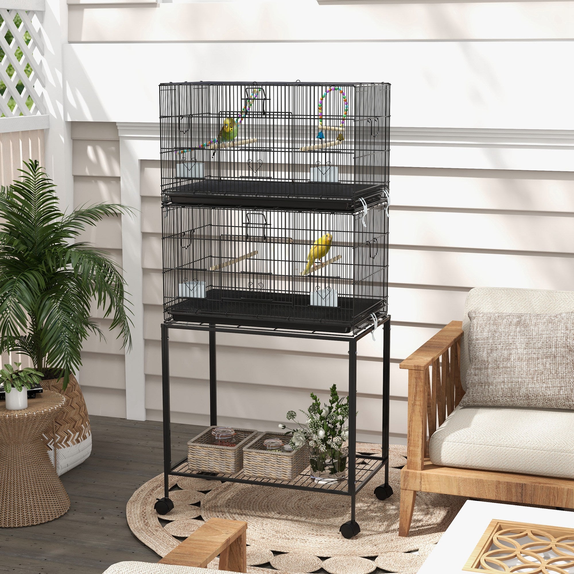 PawHut 2 Tier Bird Cage, Budgie Cage with Stand, Swing, Rope, Ladder, Wheels, Shelf, Tray, Perches, Food Containers, for Canaries, Lovebirds, Finches