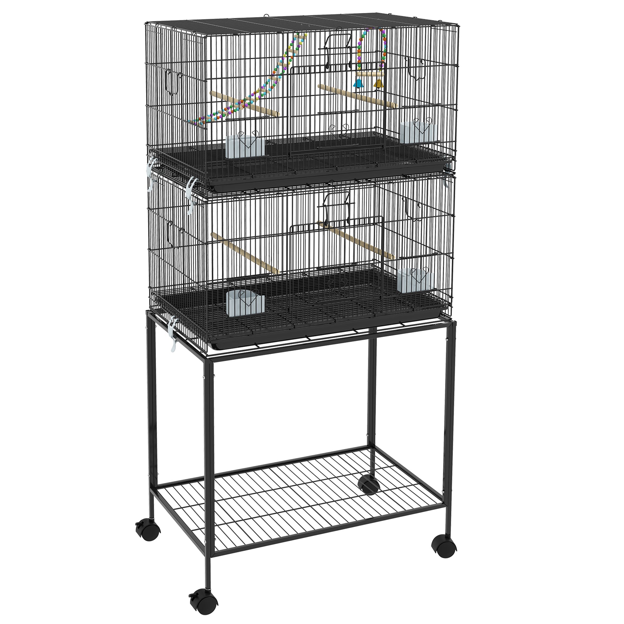 PawHut 2 Tier Bird Cage, Budgie Cage with Stand, Swing, Rope, Ladder, Wheels, Shelf, Tray, Perches, Food Containers, for Canaries, Lovebirds, Finches