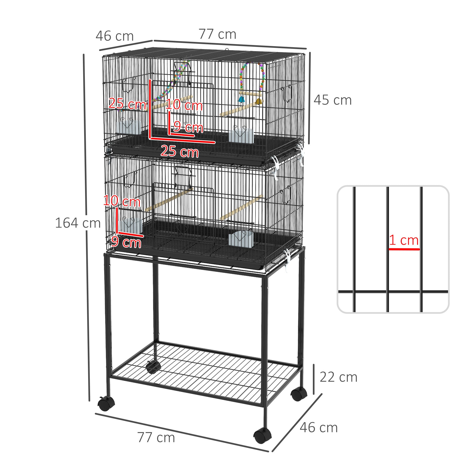 PawHut 2 Tier Bird Cage, Budgie Cage with Stand, Swing, Rope, Ladder, Wheels, Shelf, Tray, Perches, Food Containers, for Canaries, Lovebirds, Finches
