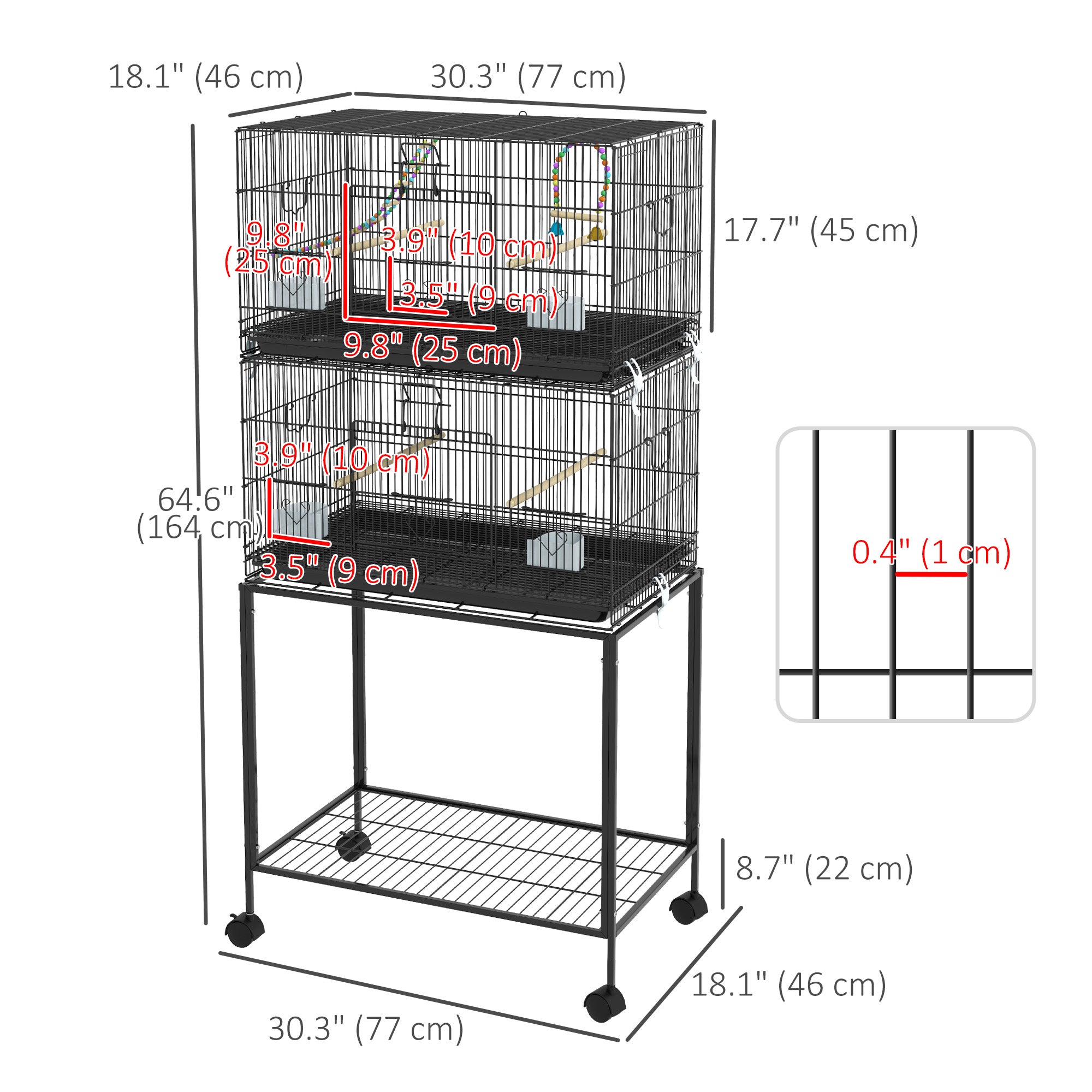 PawHut Birdcage for Canaries, Lovebirds Finches, Budgie Cage with Wheels, Removable Tray, Bottom Mesh Panel, Wooden Perches, Swing, Ramp, Food Containers, 30" L x 18" W x 65" H