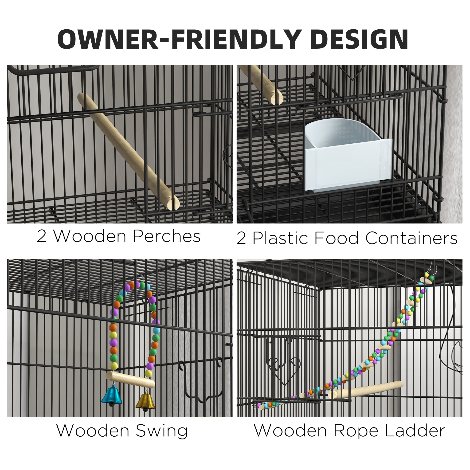 PawHut Birdcage for Canaries, Lovebirds Finches, Budgie Cage with Wheels, Removable Tray, Bottom Mesh Panel, Wooden Perches, Swing, Ramp, Food Containers, 30