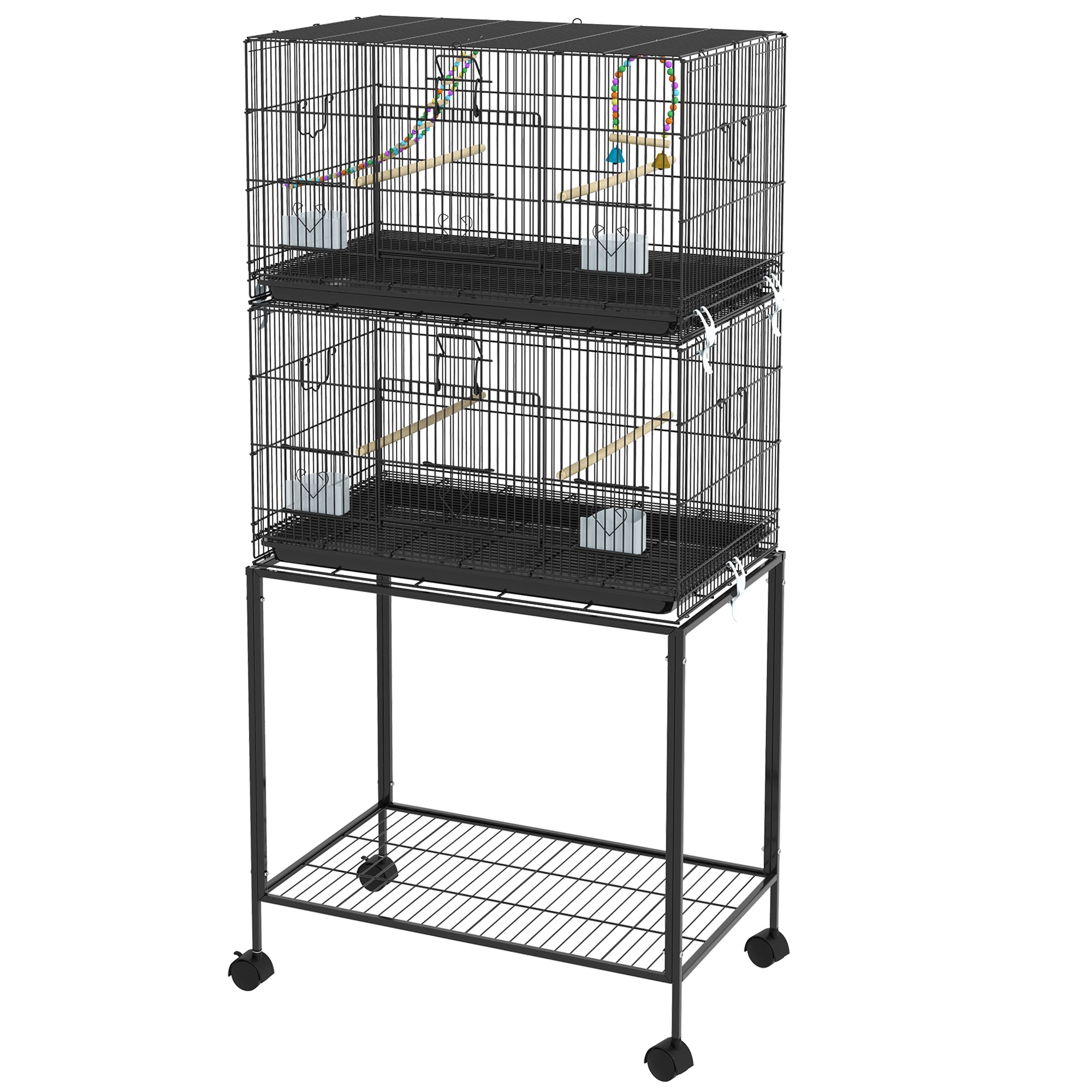 PawHut 2 Tier Bird Cage, Budgie Cage with Stand, Swing, Rope, Ladder, Wheels, Shelf, Tray, Perches, Food Containers, for Canaries, Lovebirds, Finches