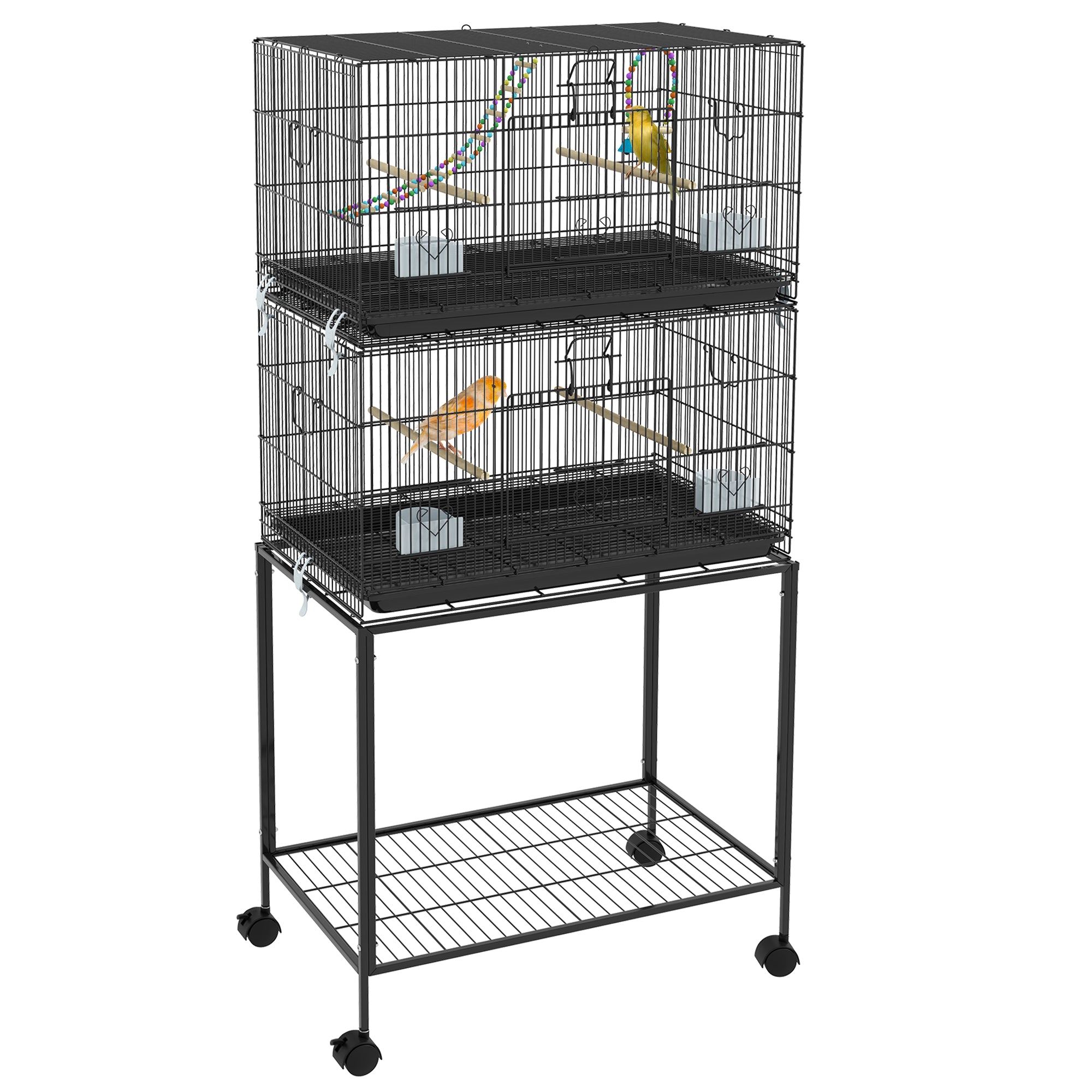 PawHut Birdcage for Canaries, Lovebirds Finches, Budgie Cage with Wheels, Removable Tray, Bottom Mesh Panel, Wooden Perches, Swing, Ramp, Food Containers, 30" L x 18" W x 65" H