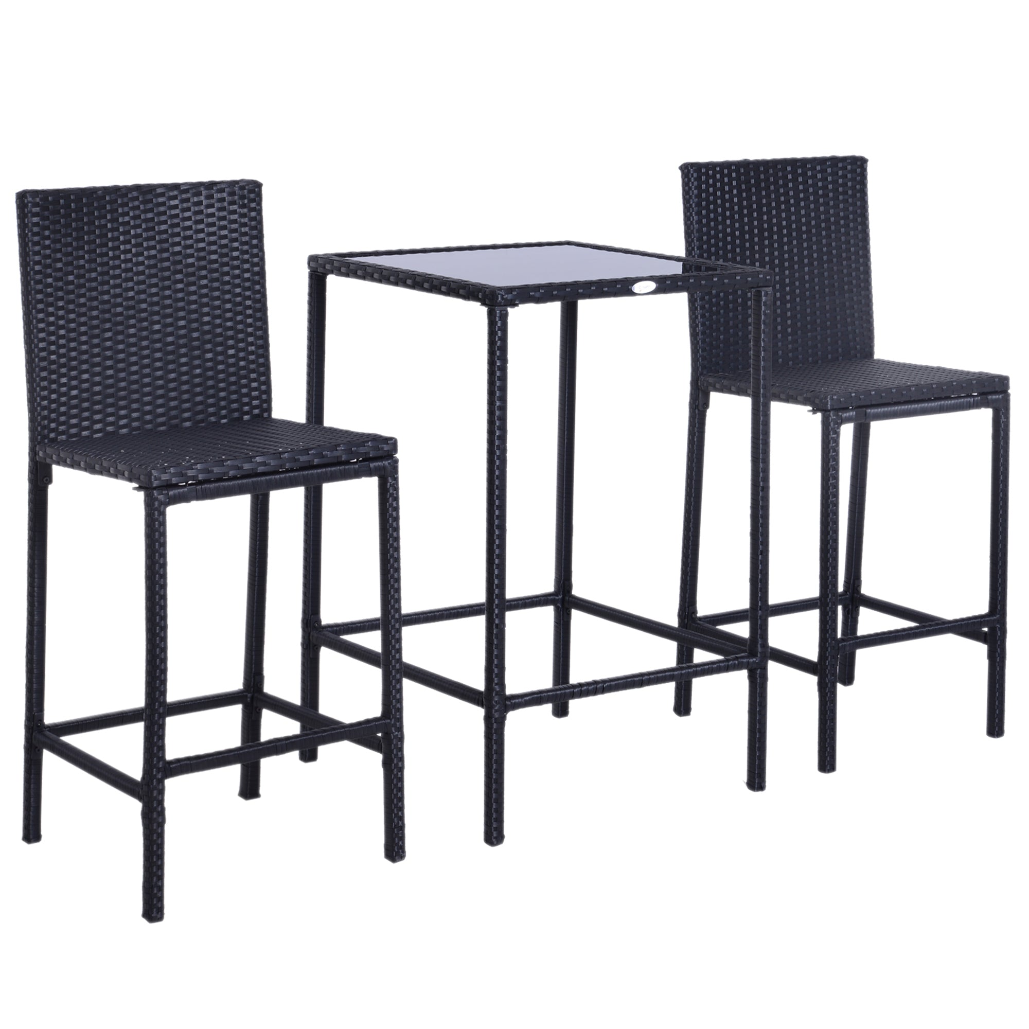 Outsunny 3 Pieces Patio Bar Set Wicker Rattan Garden Deck Bistro Set Barstool and Table Outdoor Furniture for Patios Backyards Balcony Gardens Poolside, Black